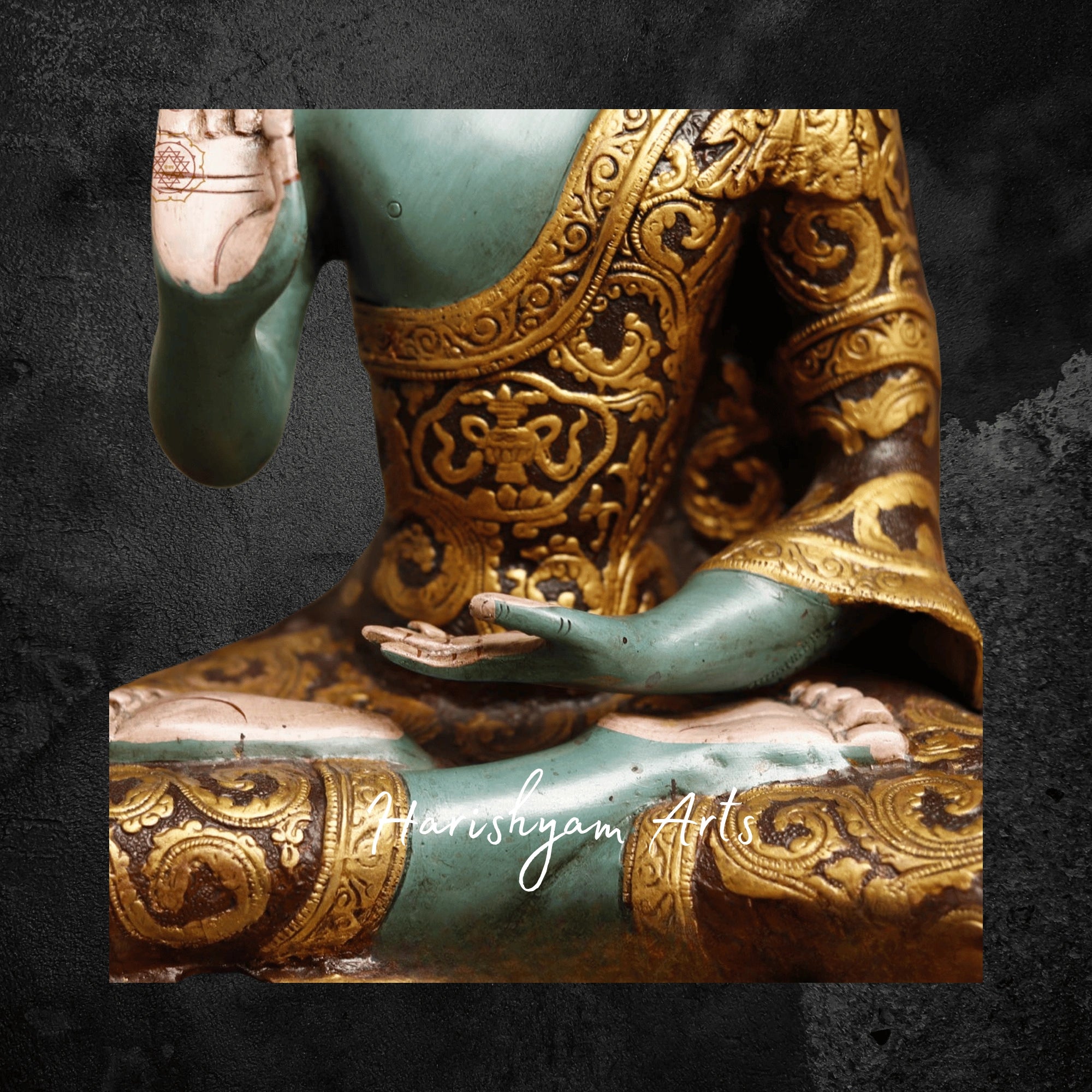 18" Brass Buddha Figurine Handcrafted in Blessing Posture with Colorful Detailing