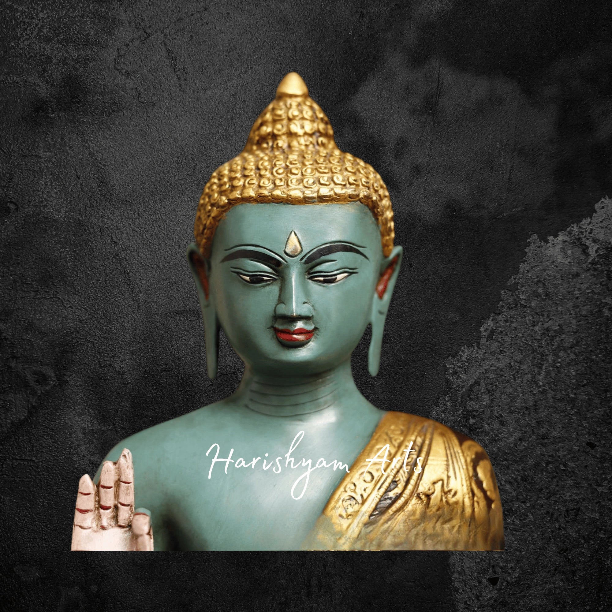 18" Brass Buddha Figurine Handcrafted in Blessing Posture with Colorful Detailing