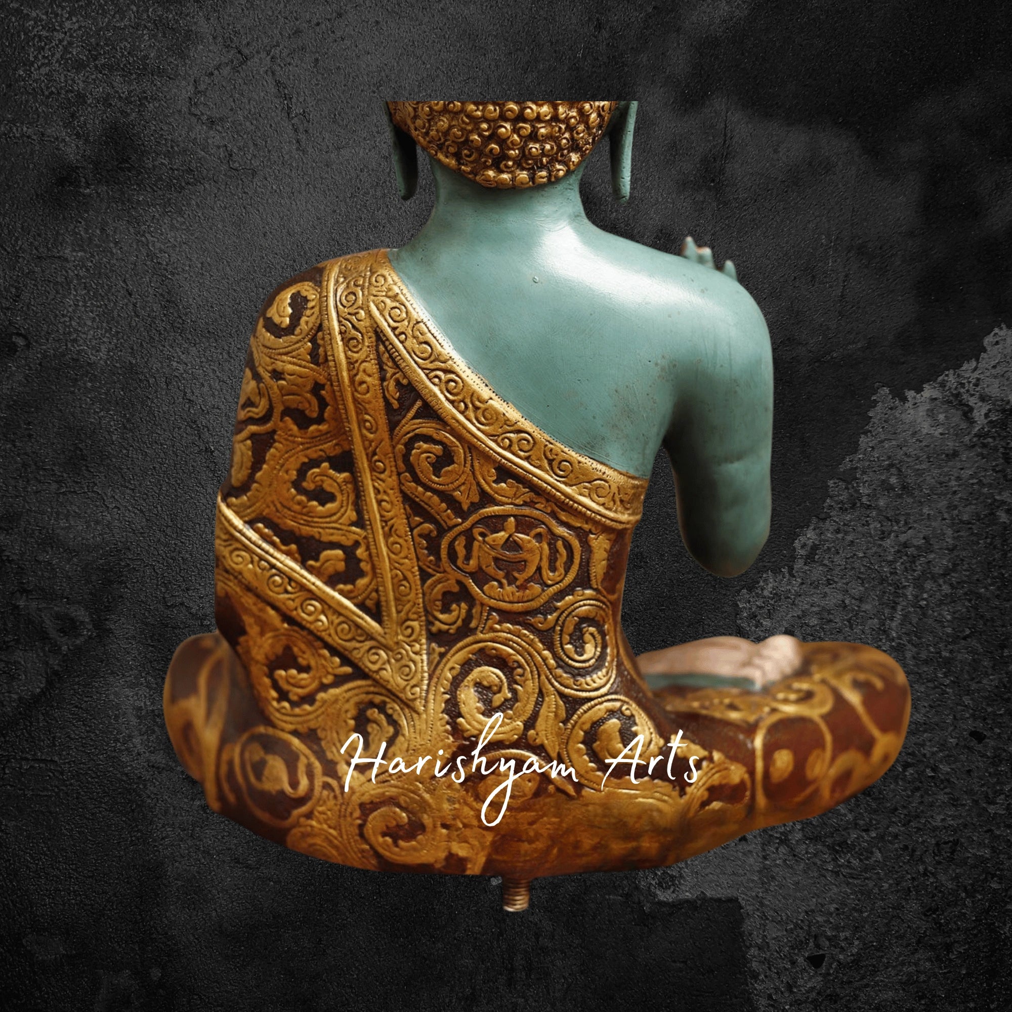 18" Brass Buddha Figurine Handcrafted in Blessing Posture with Colorful Detailing