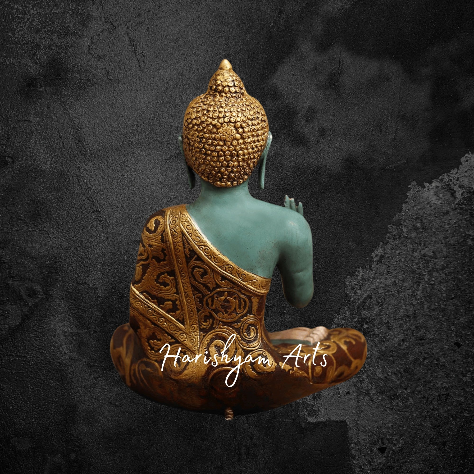 18" Brass Buddha Figurine Handcrafted in Blessing Posture with Colorful Detailing