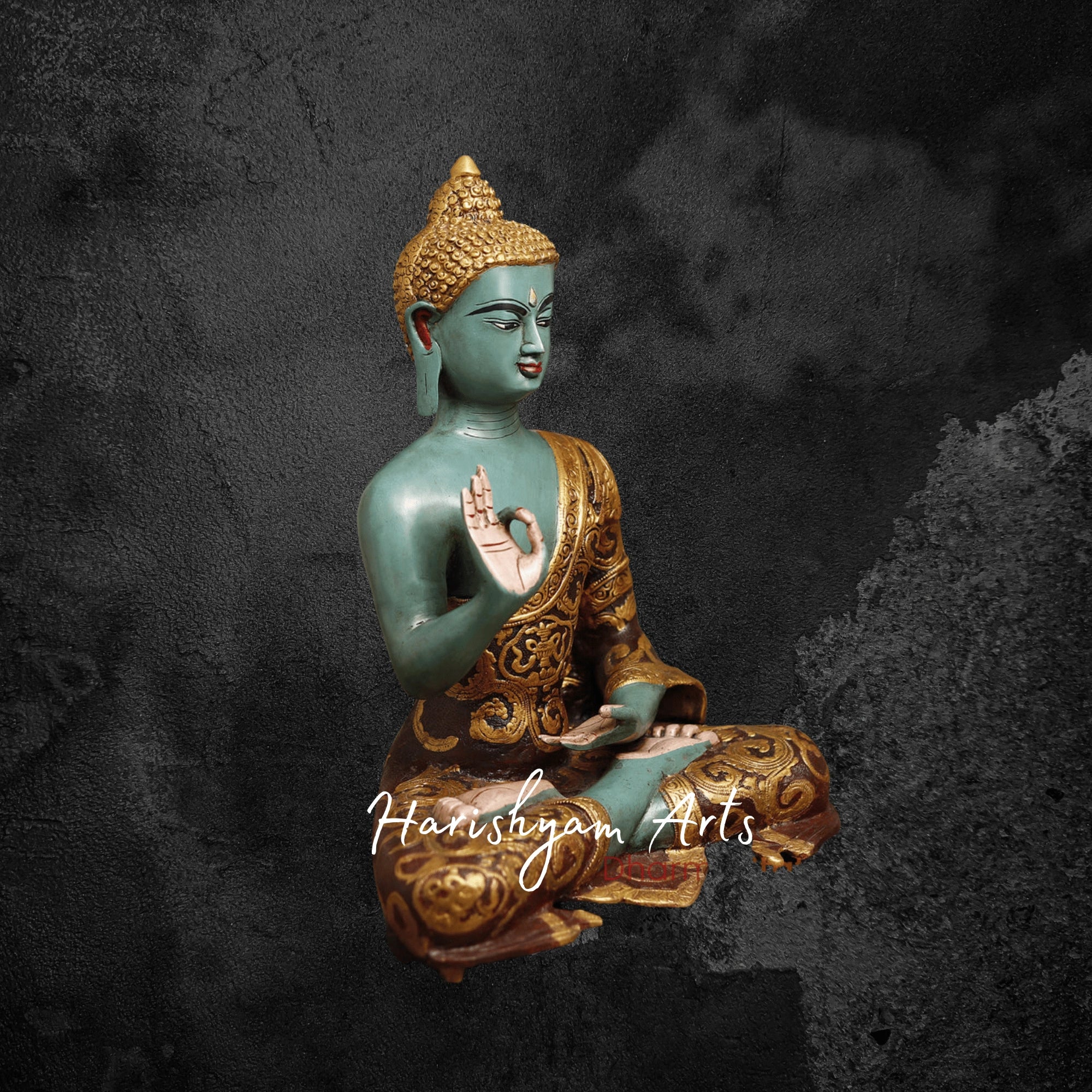 18" Brass Buddha Figurine Handcrafted in Blessing Posture with Colorful Detailing