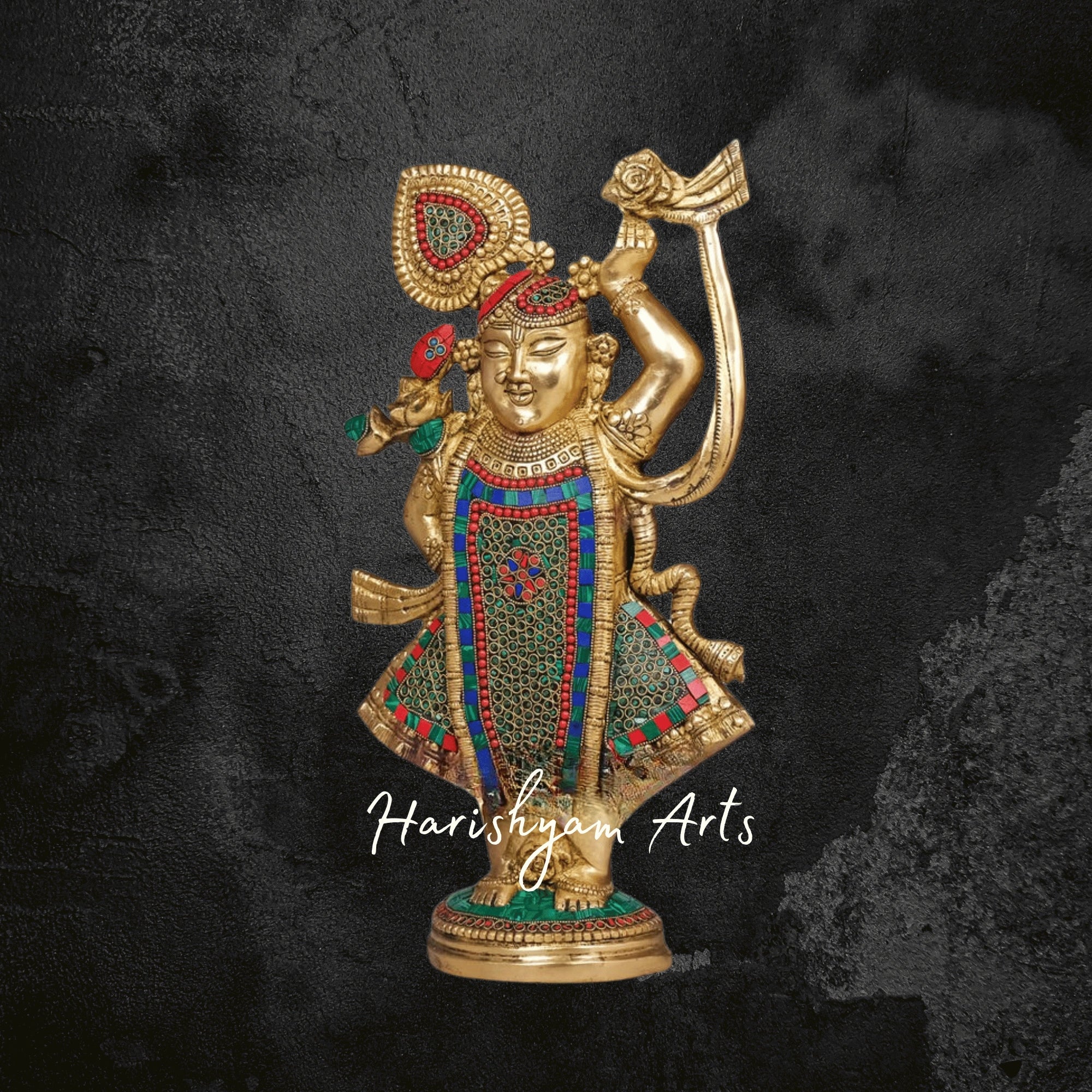 18" Decorative Stone-Studded Brass Shreenath Ji Idol for Home and Office
