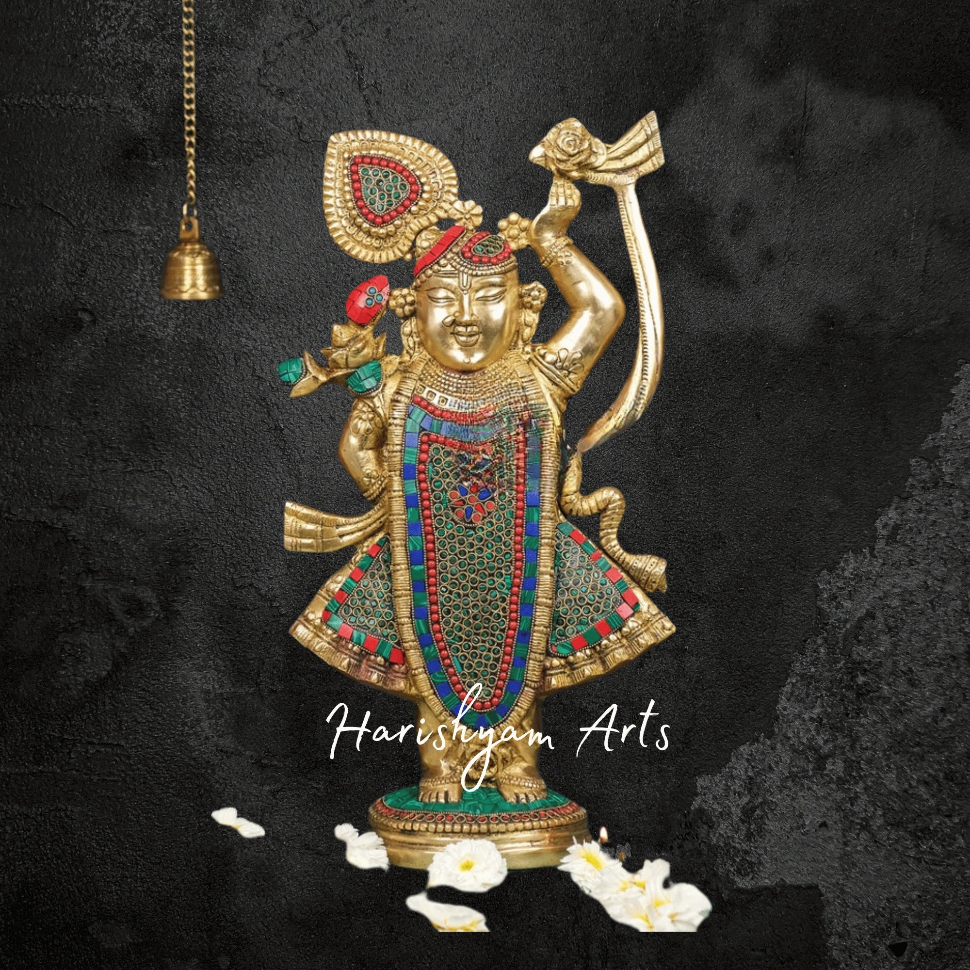 18" Decorative Stone-Studded Brass Shreenath Ji Idol for Home and Office