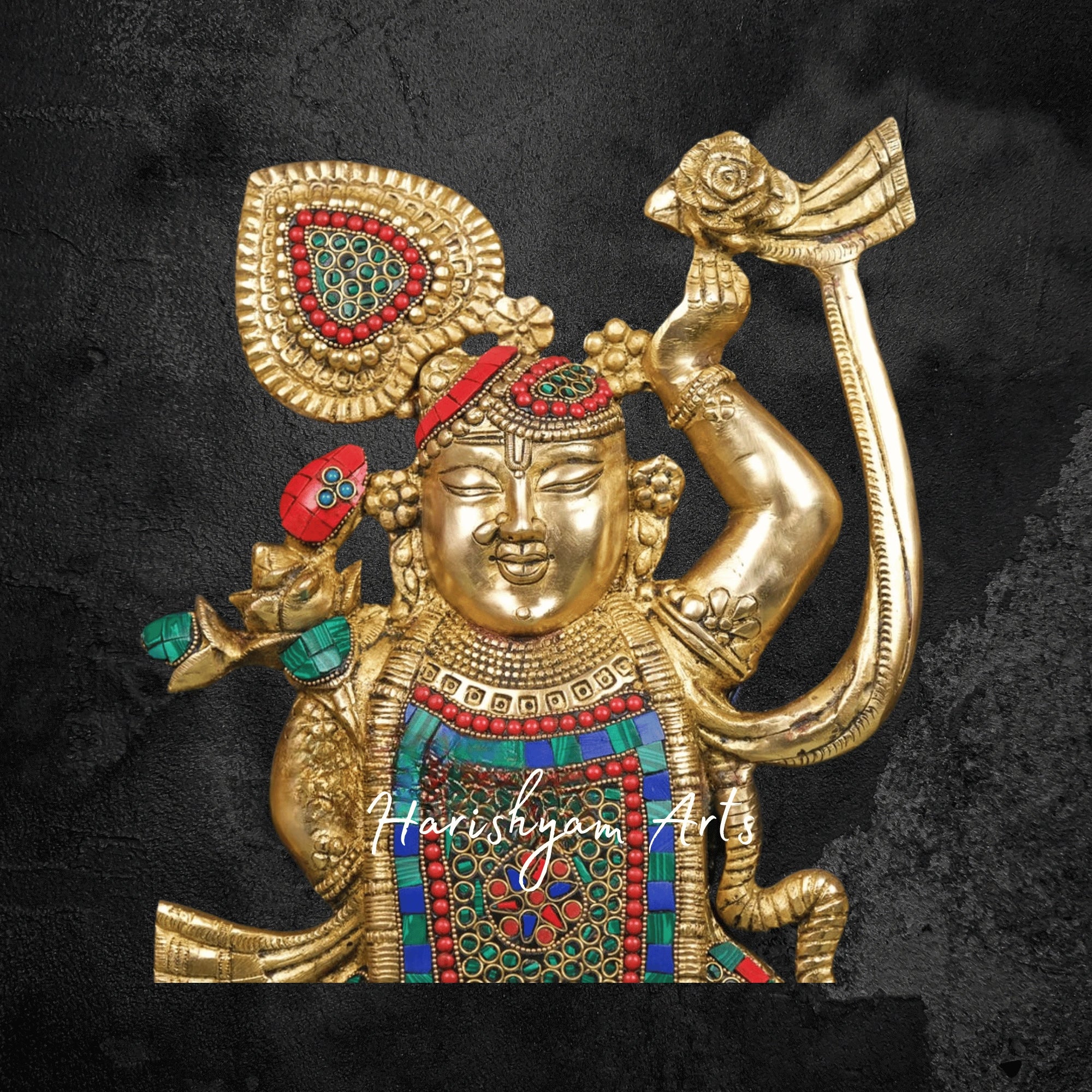 18" Decorative Stone-Studded Brass Shreenath Ji Idol for Home and Office