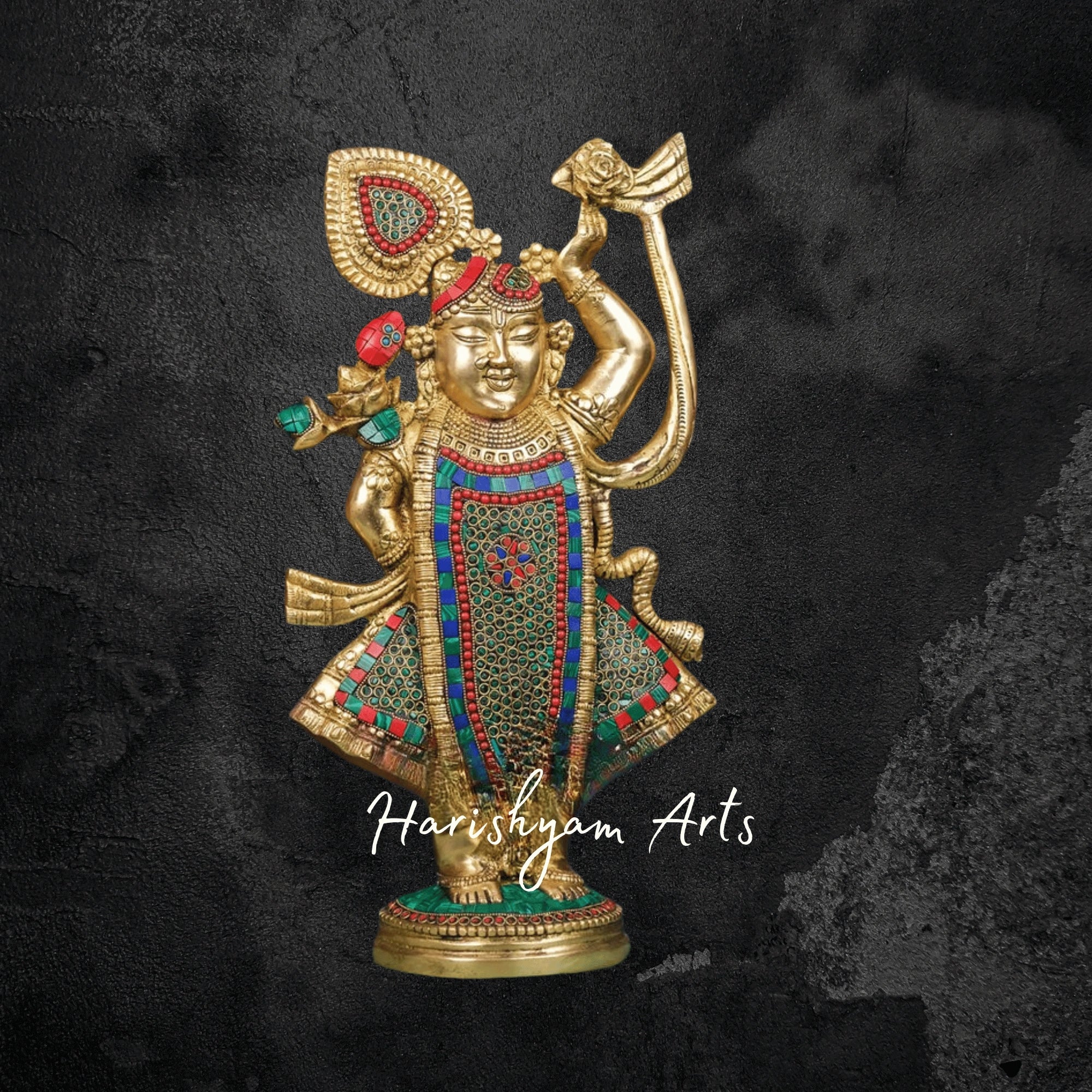 18" Decorative Stone-Studded Brass Shreenath Ji Idol for Home and Office