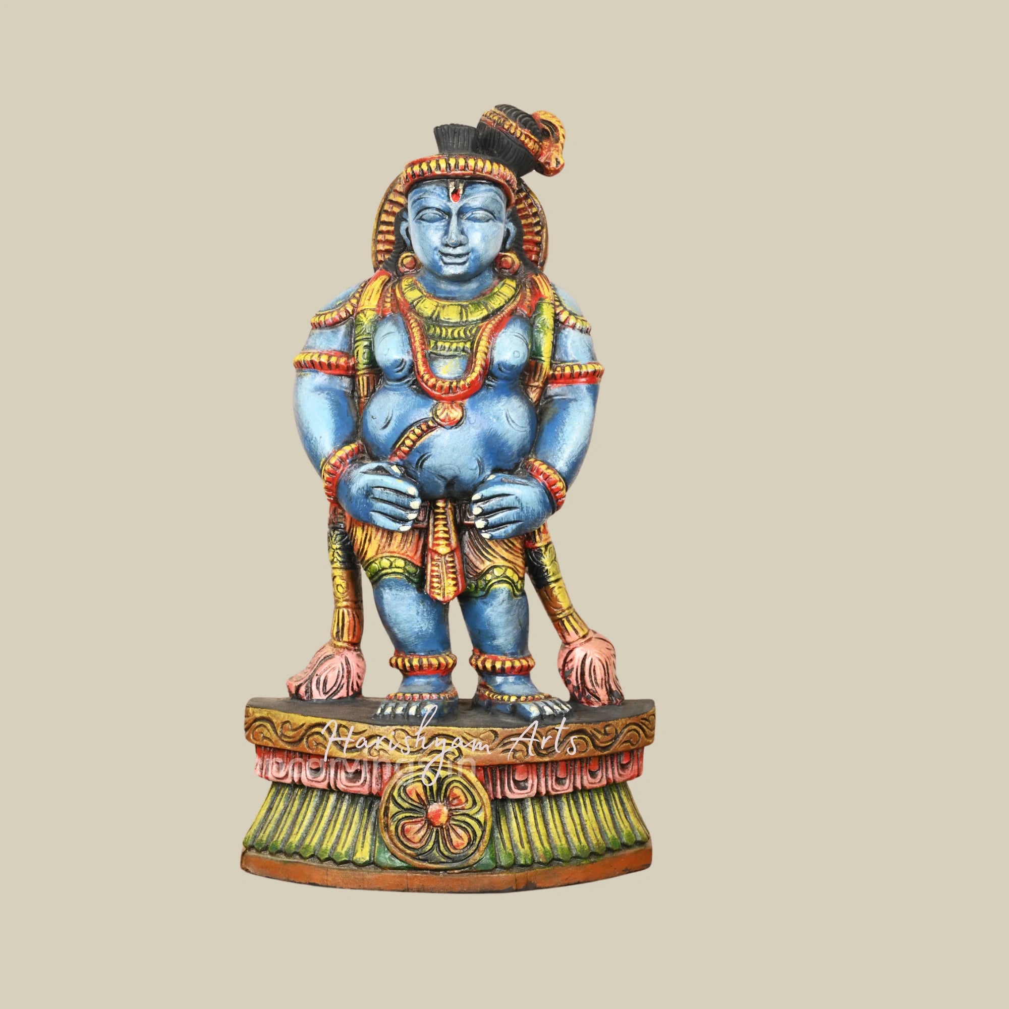 18" Decorative Wooden Krishna Sculptures, Eighth Avatar of Mahavishnu