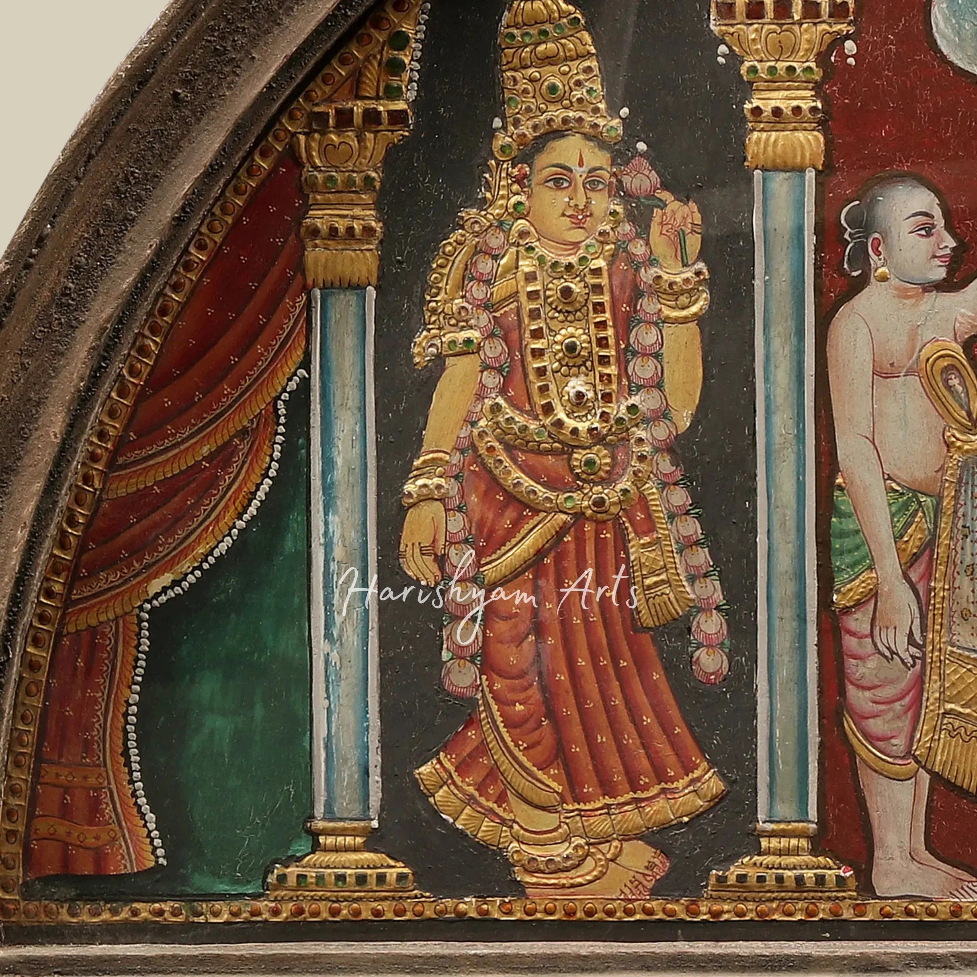 18" Devotional Hanuman Holding Vishnu Tanjore Painting in Semicircle Design3