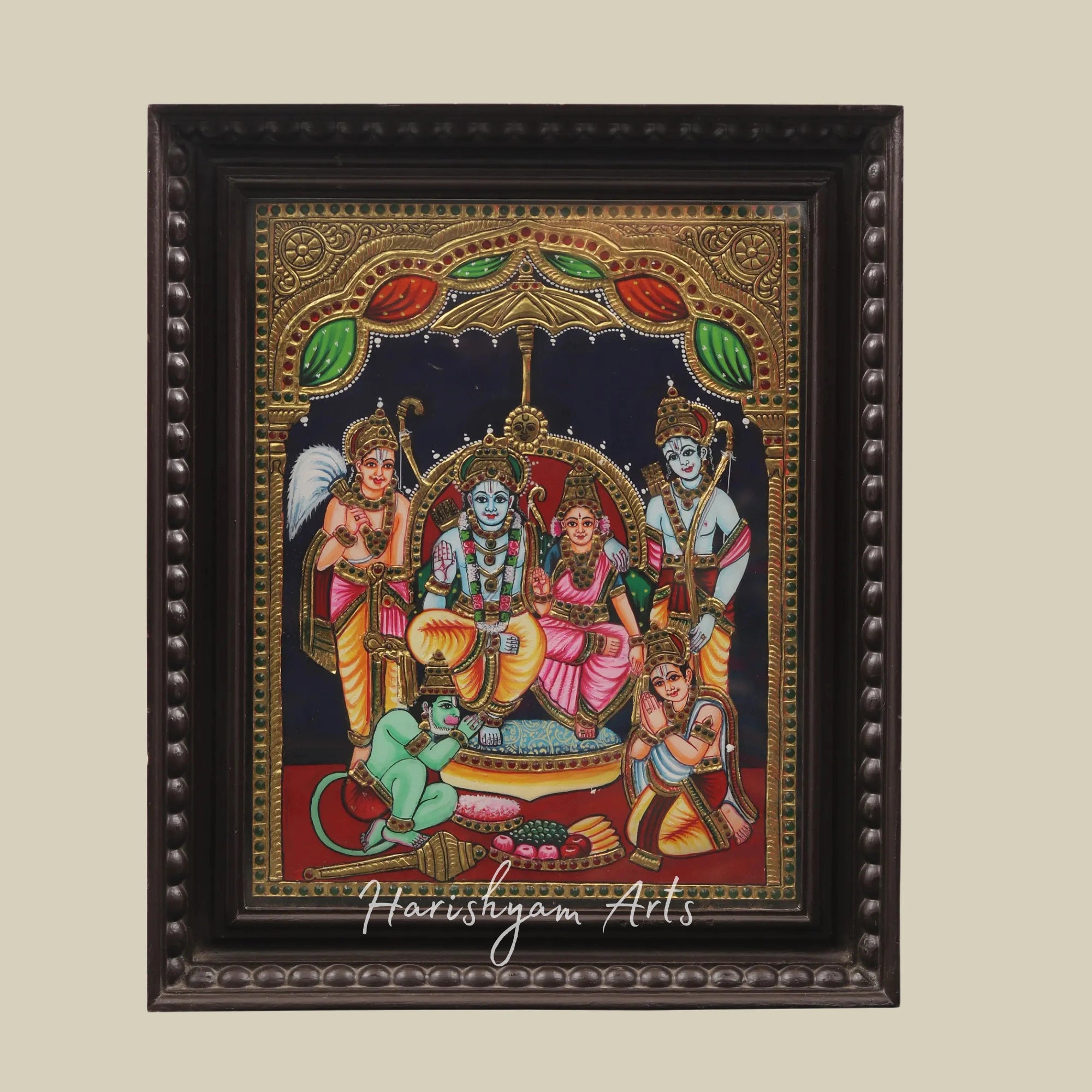 18" Framed Tanjore Painting of Shri Ram Darbar for Traditional Indian Decor