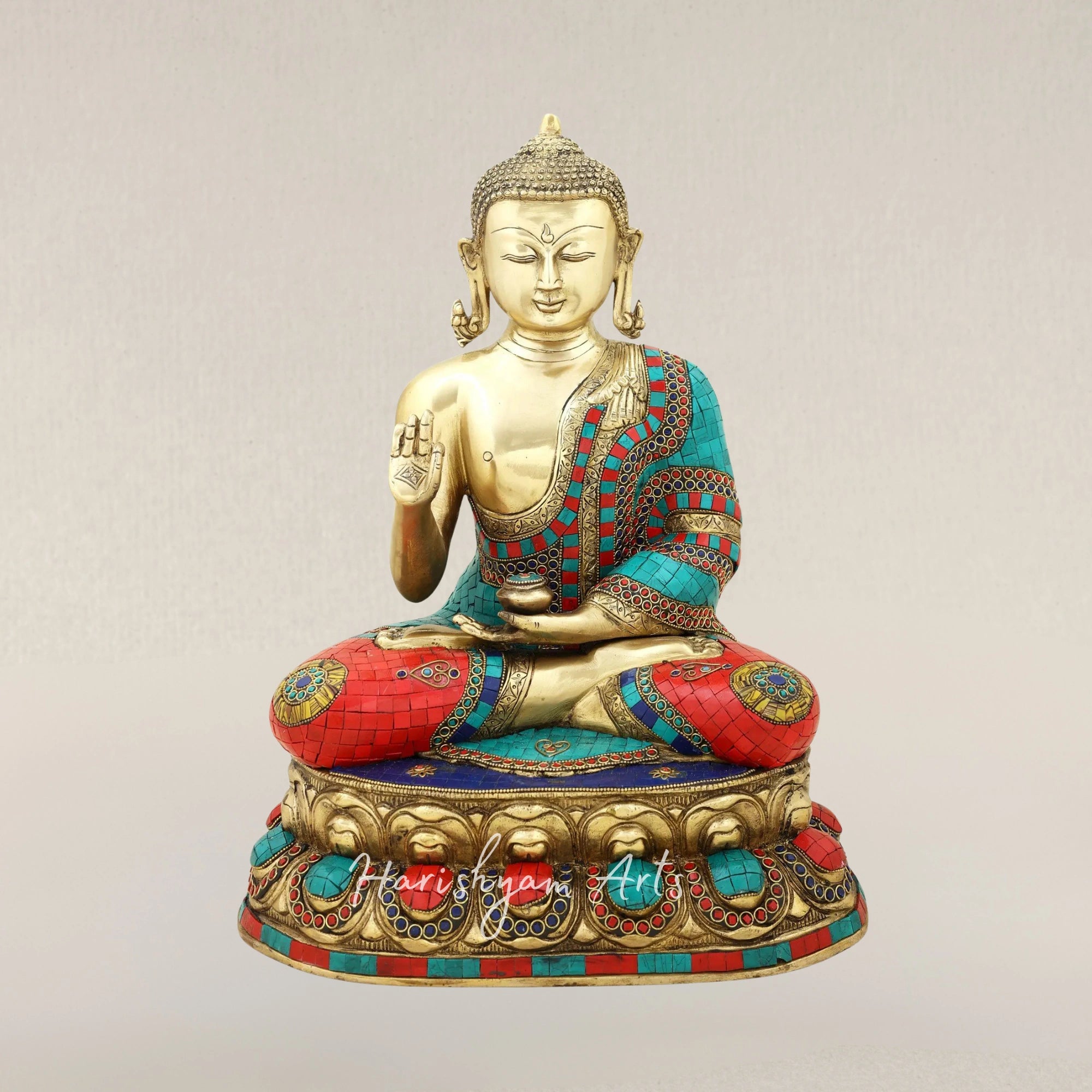 18" Gautam Buddha Preaching Dharma Brass Statue with Traditional Inlay Artwork