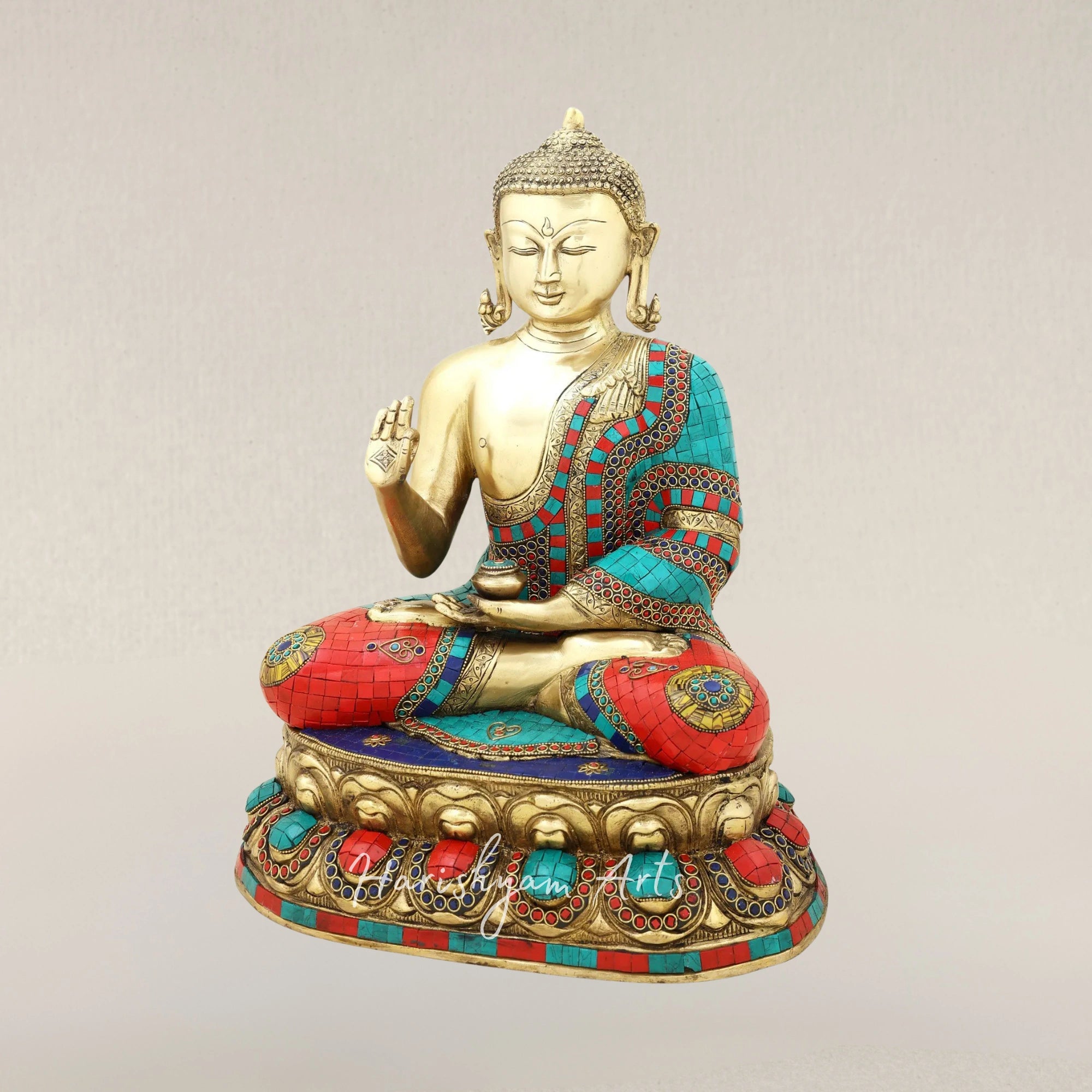 18" Gautam Buddha Preaching Dharma Brass Statue with Traditional Inlay Artwork