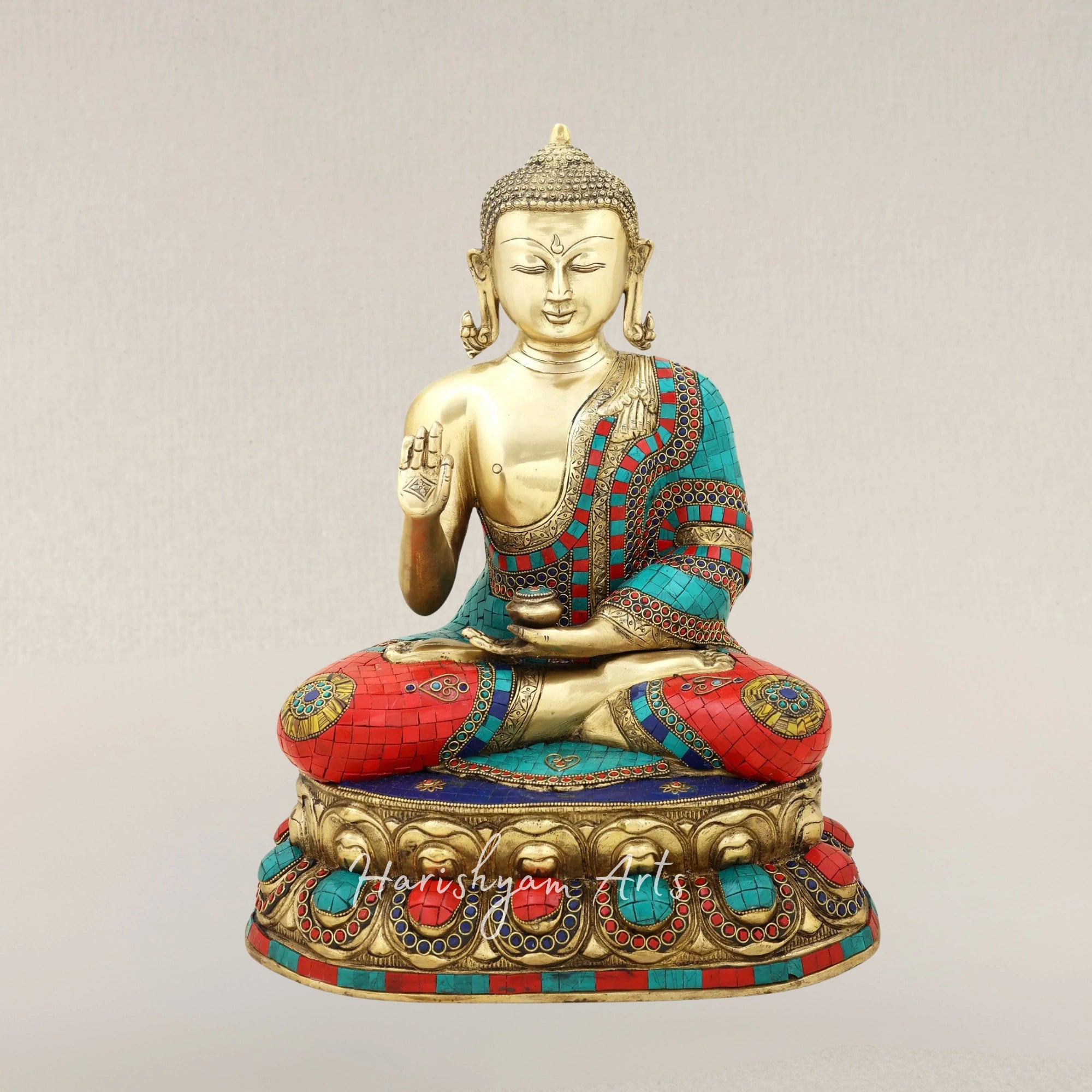 18" Gautam Buddha Preaching Dharma Brass Statue with Traditional Inlay Artwork