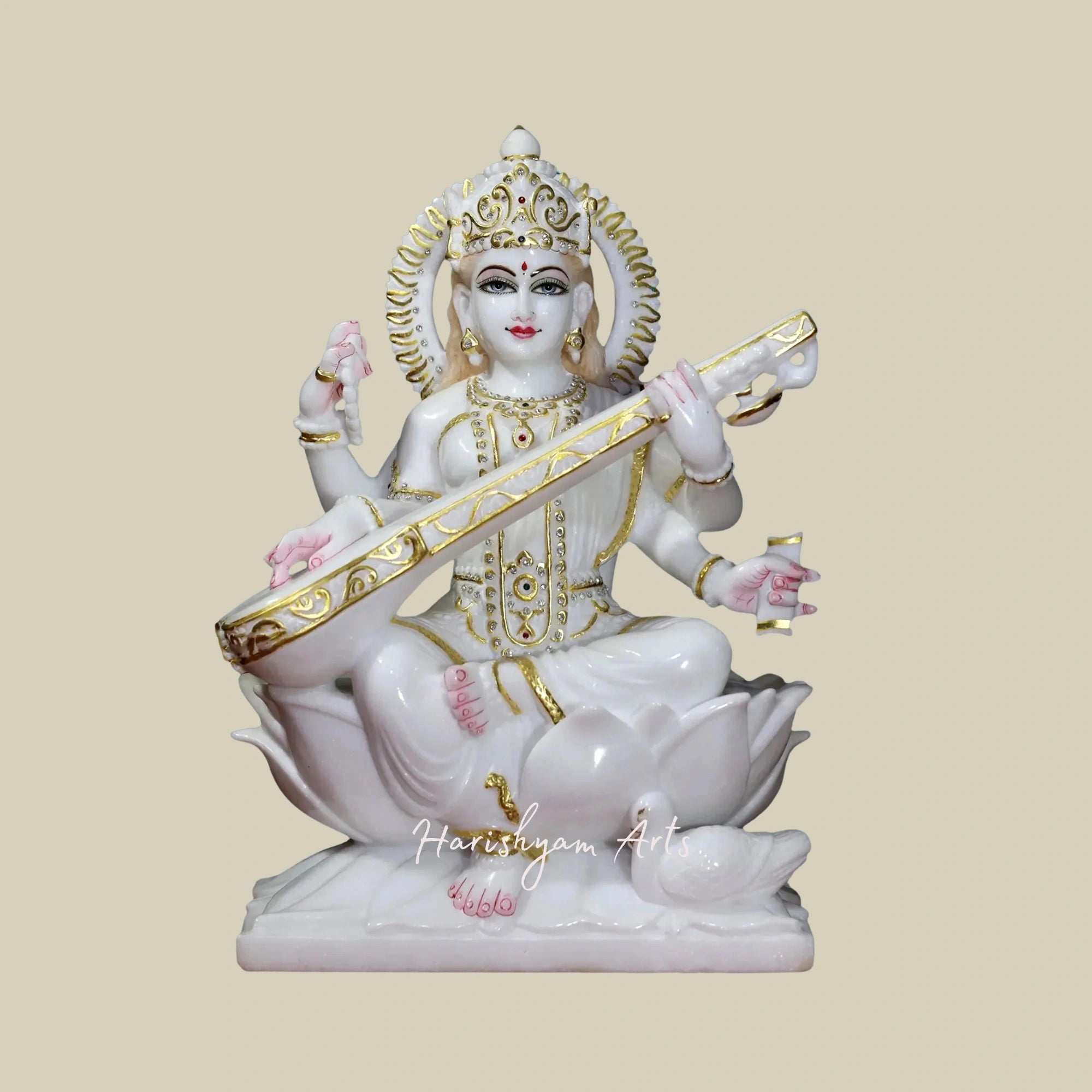 18" Goddess Saraswati Marble Statue with Ornate Crown in Super White Makrana Marble