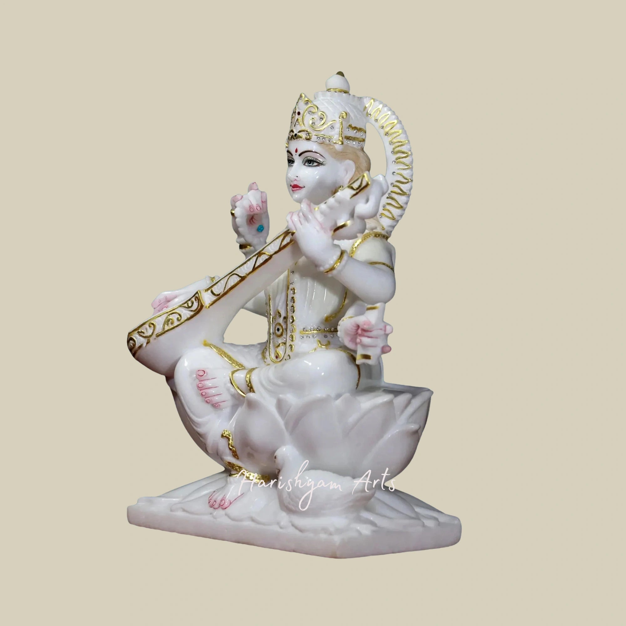 18" Goddess Saraswati Marble Statue with Ornate Crown in Super White Makrana Marble