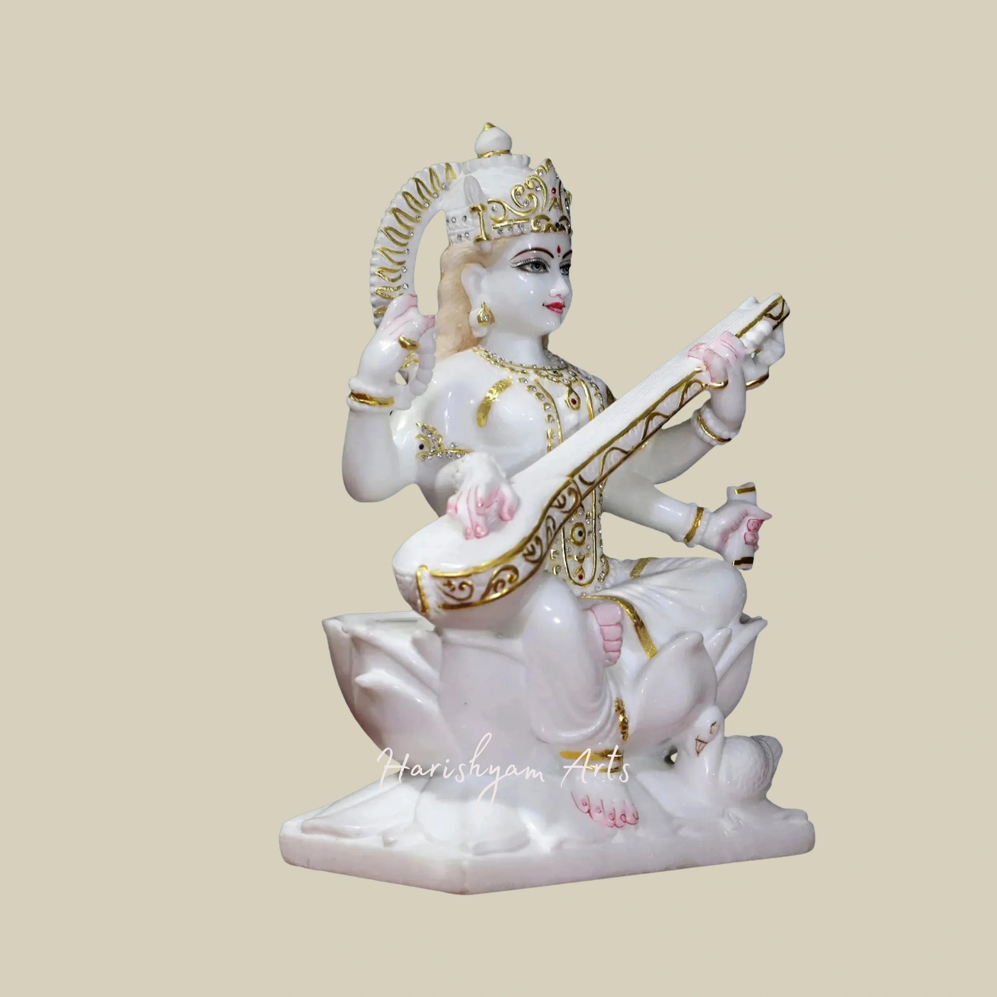 18" Goddess Saraswati Marble Statue with Ornate Crown in Super White Makrana Marble