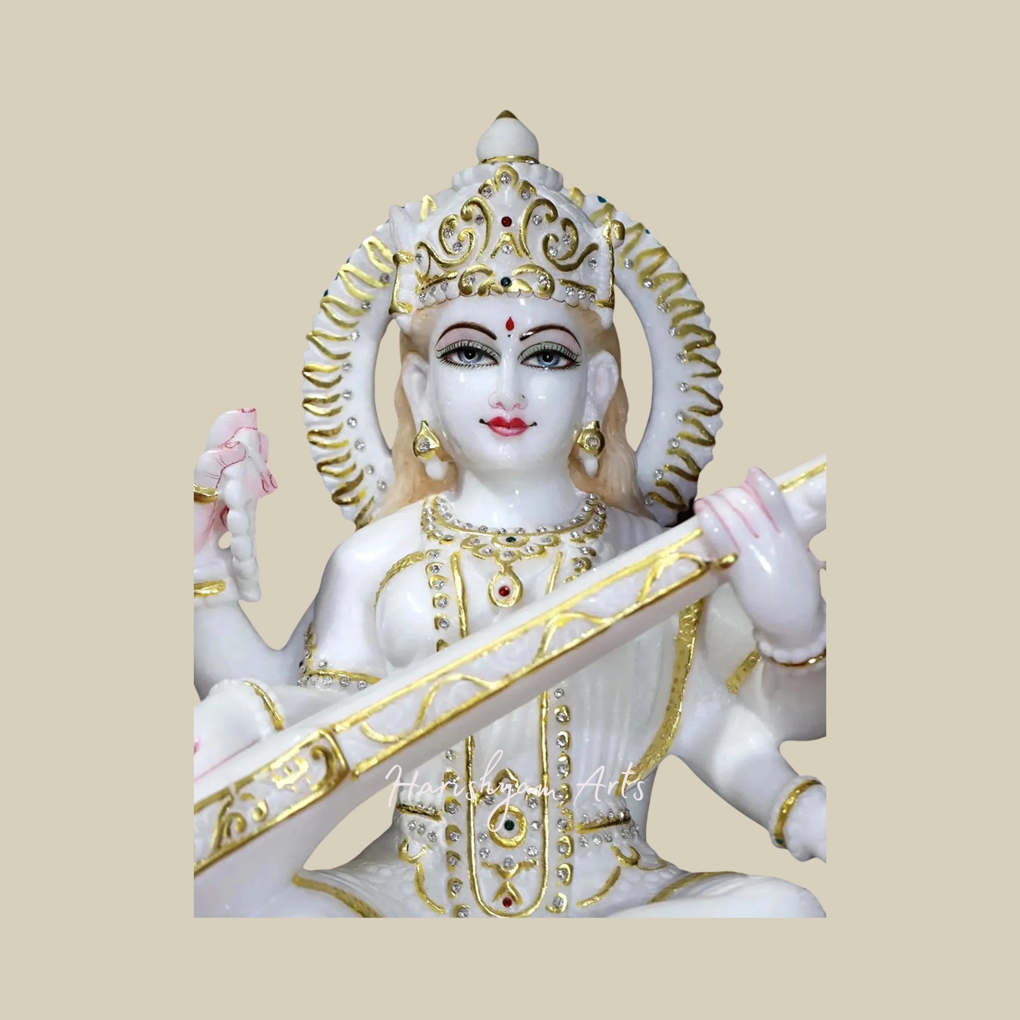 18" Goddess Saraswati Marble Statue with Ornate Crown in Super White Makrana Marble