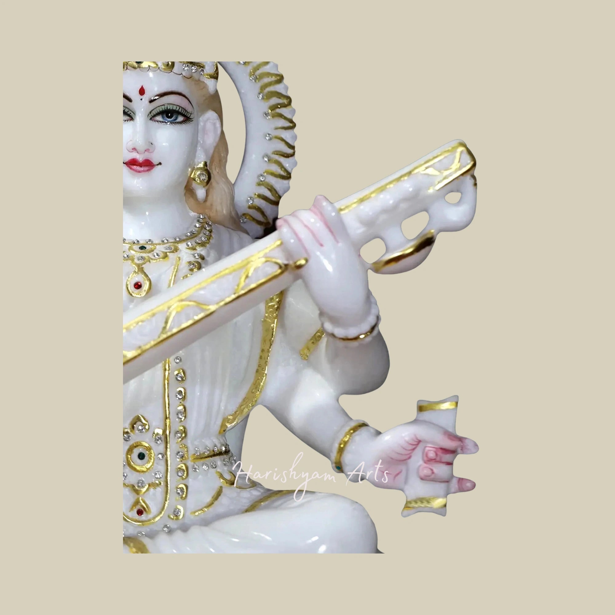 18" Goddess Saraswati Marble Statue with Ornate Crown in Super White Makrana Marble