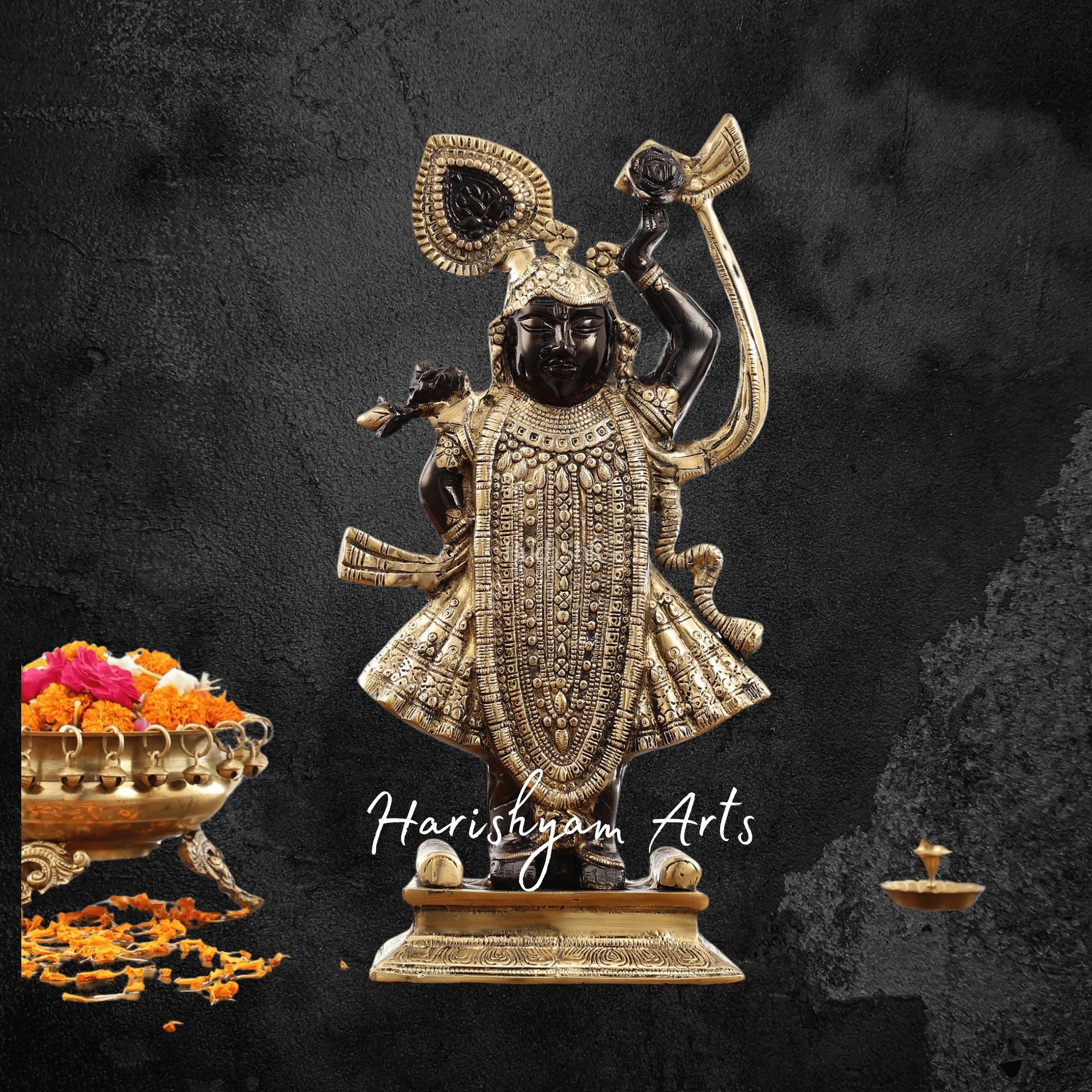 18" Handcrafted Brass Shreenath Ji Idol with Antique Gold Black Finish