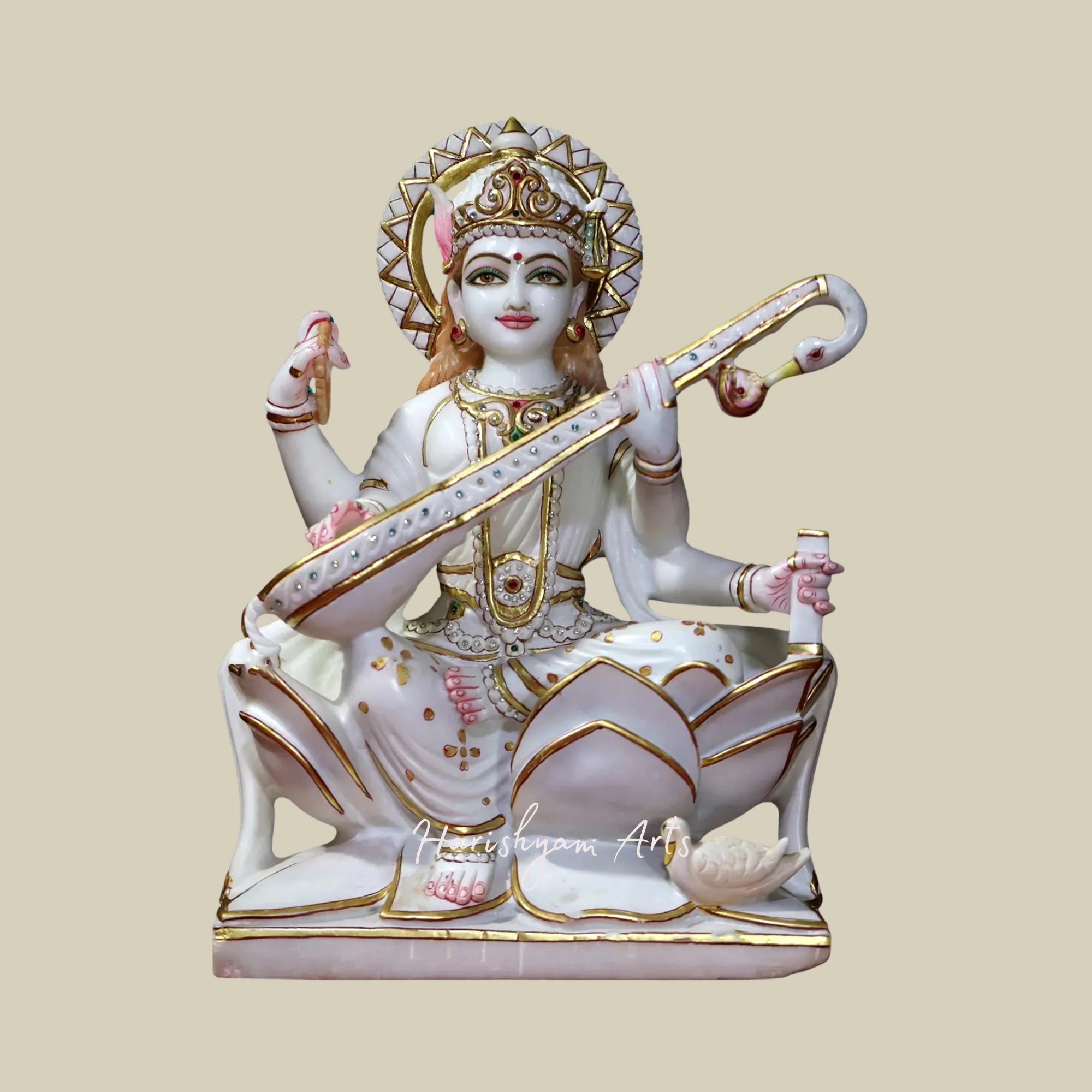 18" Handcrafted Goddess Saraswati Marble Statue White Makrana Marble Sculpture