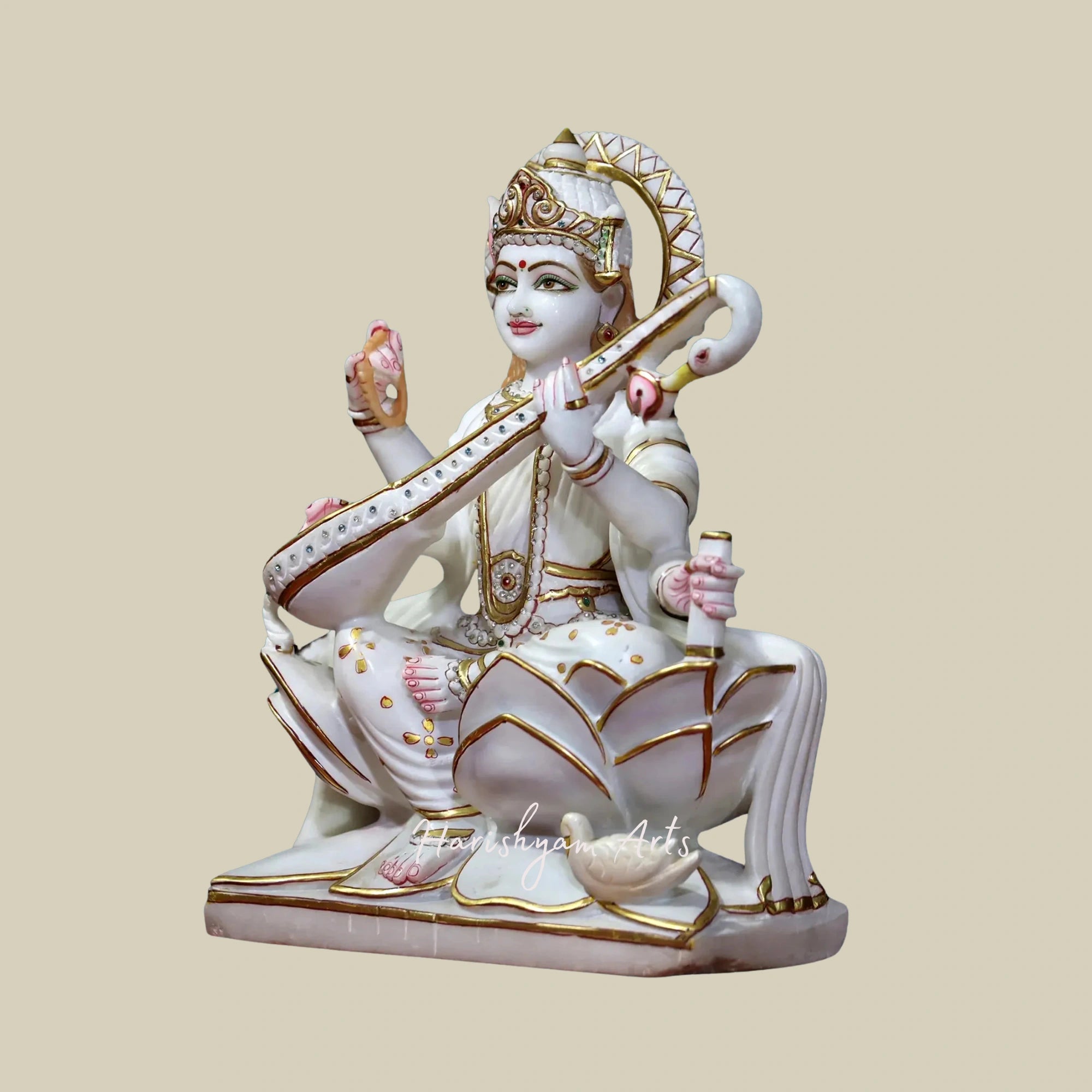 18" Handcrafted Goddess Saraswati Marble Statue White Makrana Marble Sculpture2