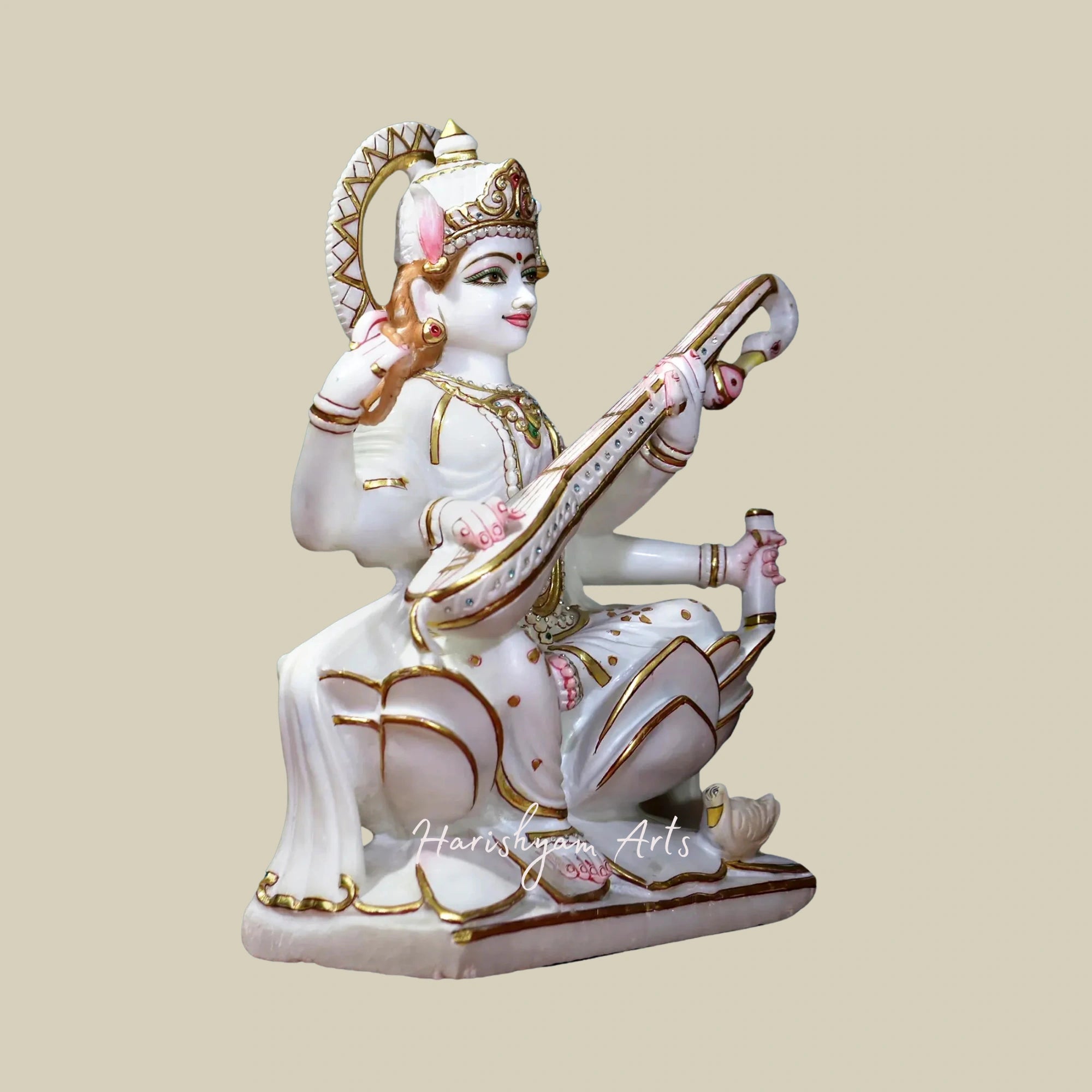 18" Handcrafted Goddess Saraswati Marble Statue White Makrana Marble Sculpture1