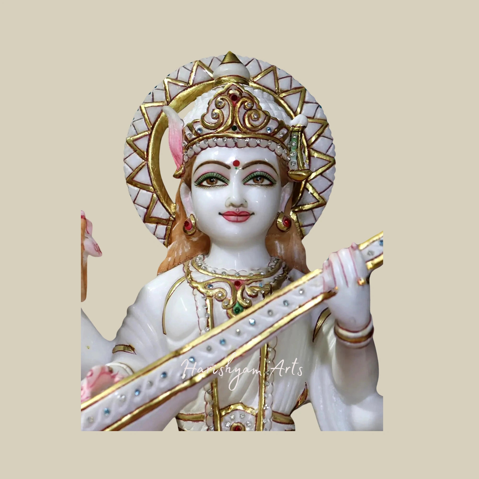 18" Handcrafted Goddess Saraswati Marble Statue White Makrana Marble Sculpture3