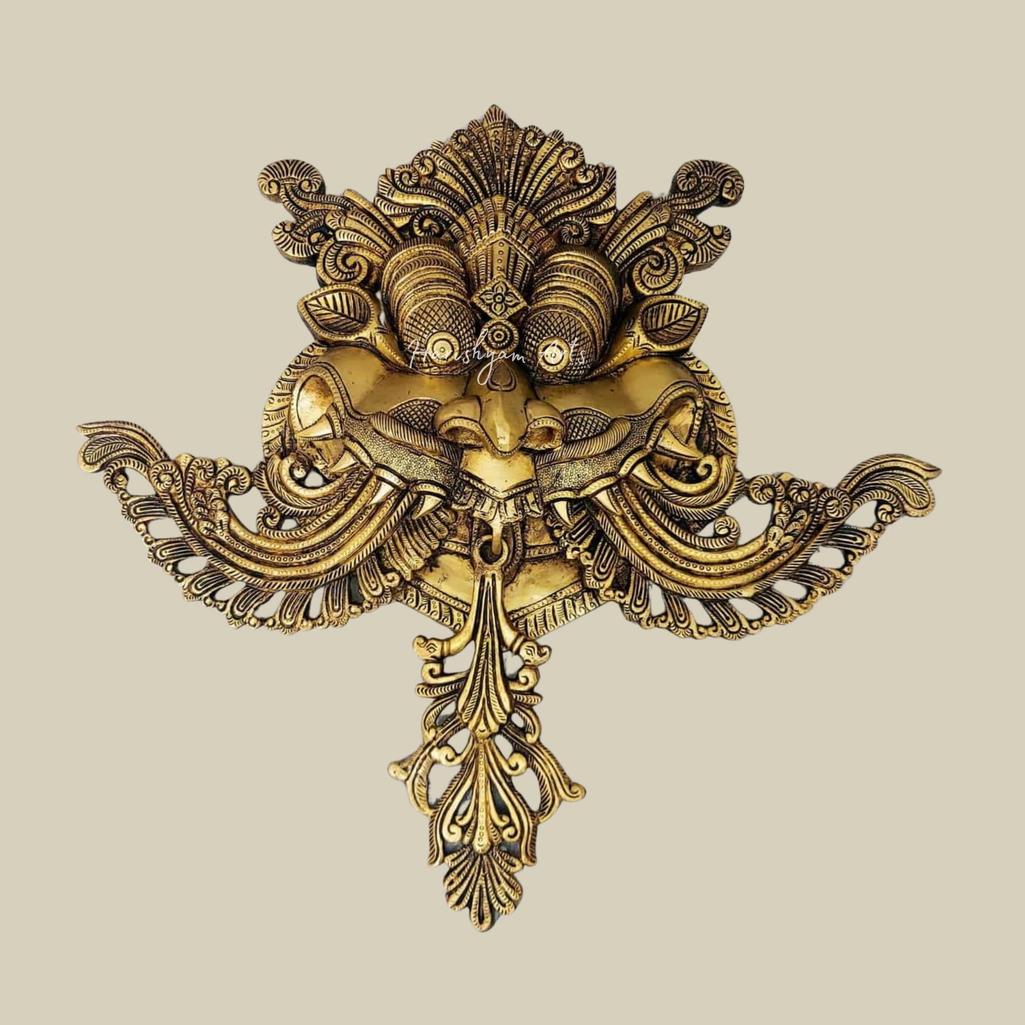 18" Intricately Designed Brass Yali Face Wall Hanging1