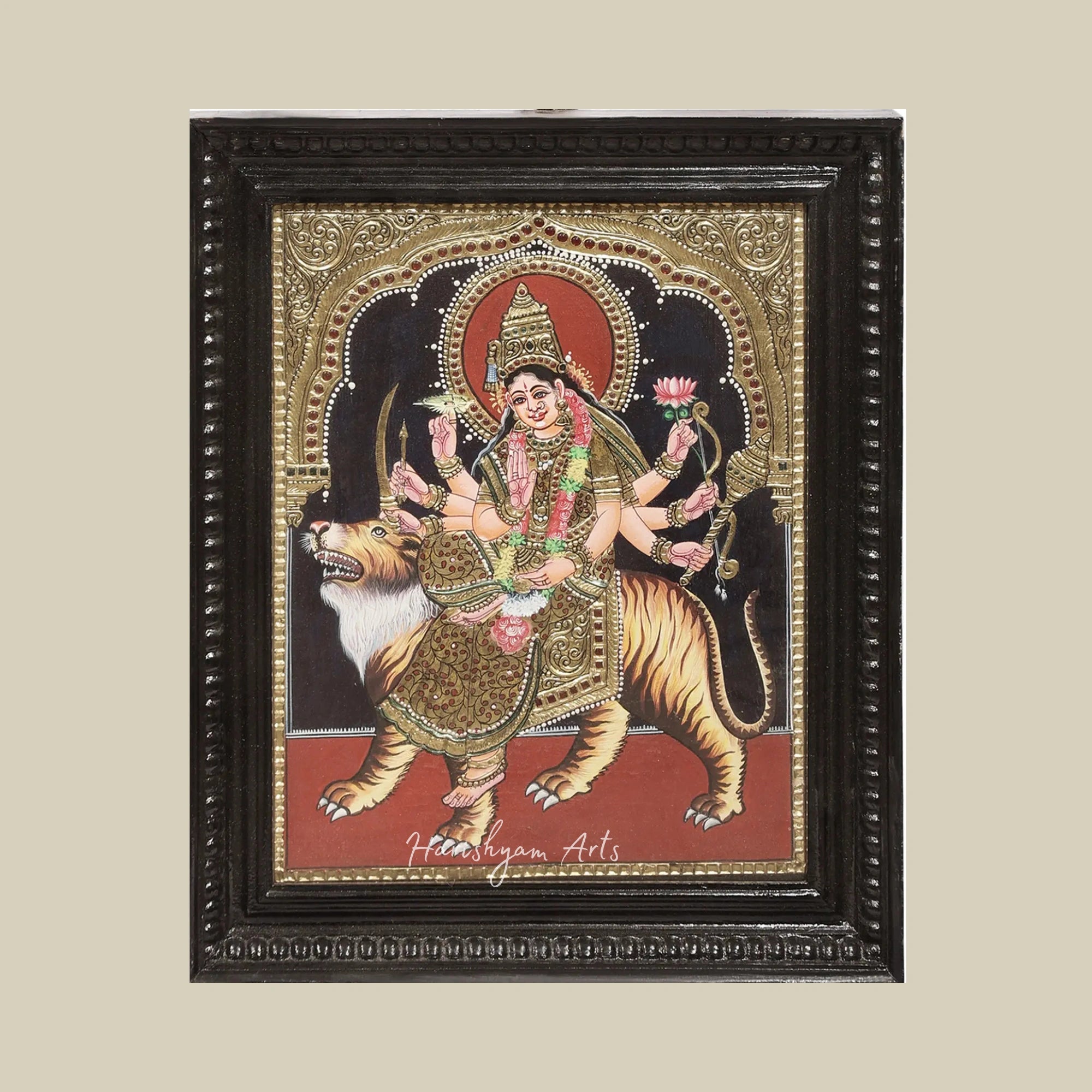 18" Large Durga Tanjore Painting with 24K Gold and Vibrant Colors