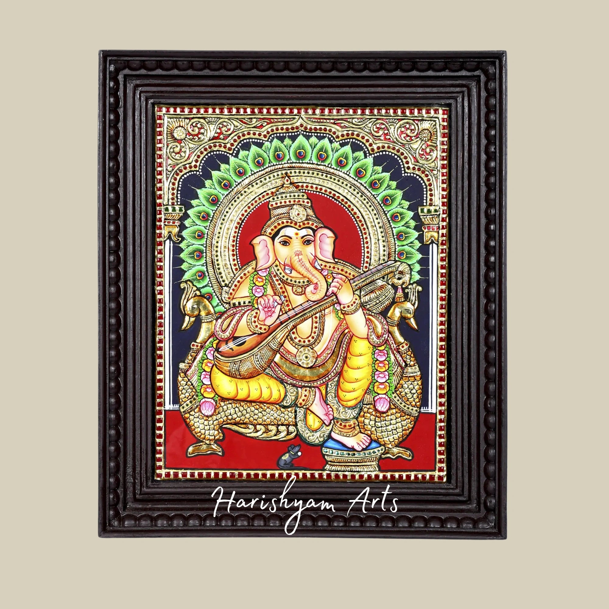 18" Lord Ganesha Tanjore Painting Seated on Peacock Throne with Gold Highlights1