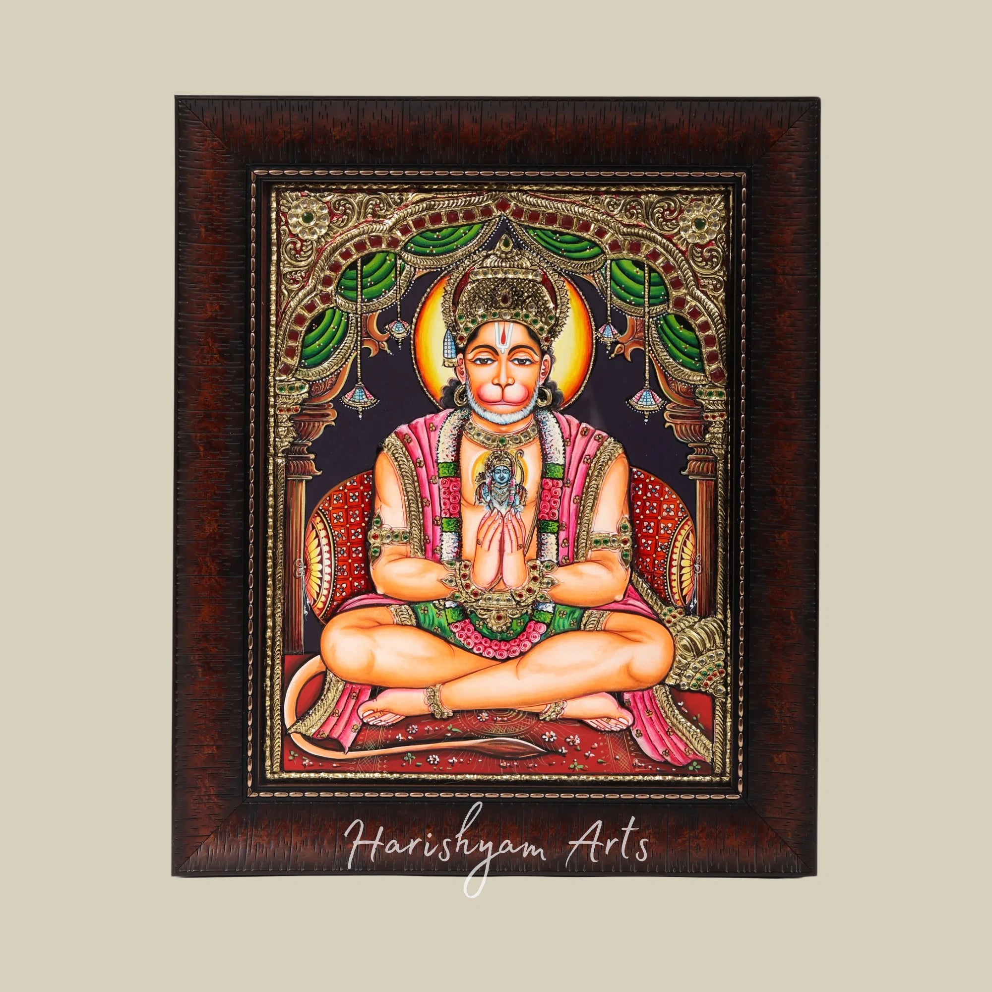 18" Lord Hanuman in Reverent Namaste Pose Tanjore Painting