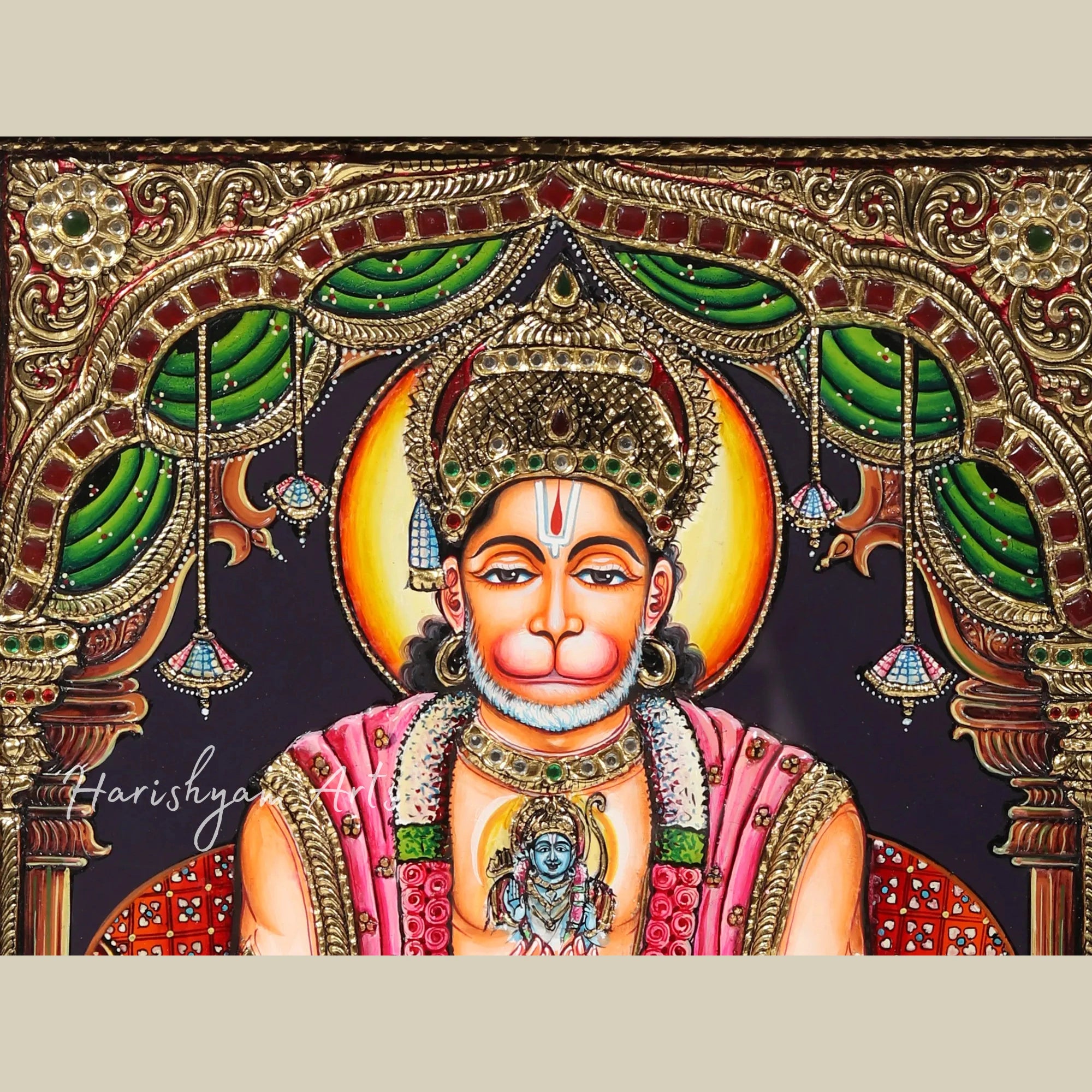 18" Lord Hanuman in Reverent Namaste Pose Tanjore Painting