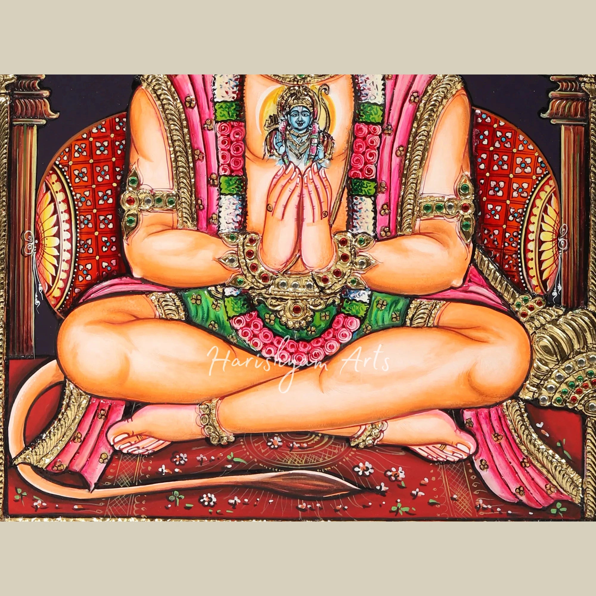 18" Lord Hanuman in Reverent Namaste Pose Tanjore Painting