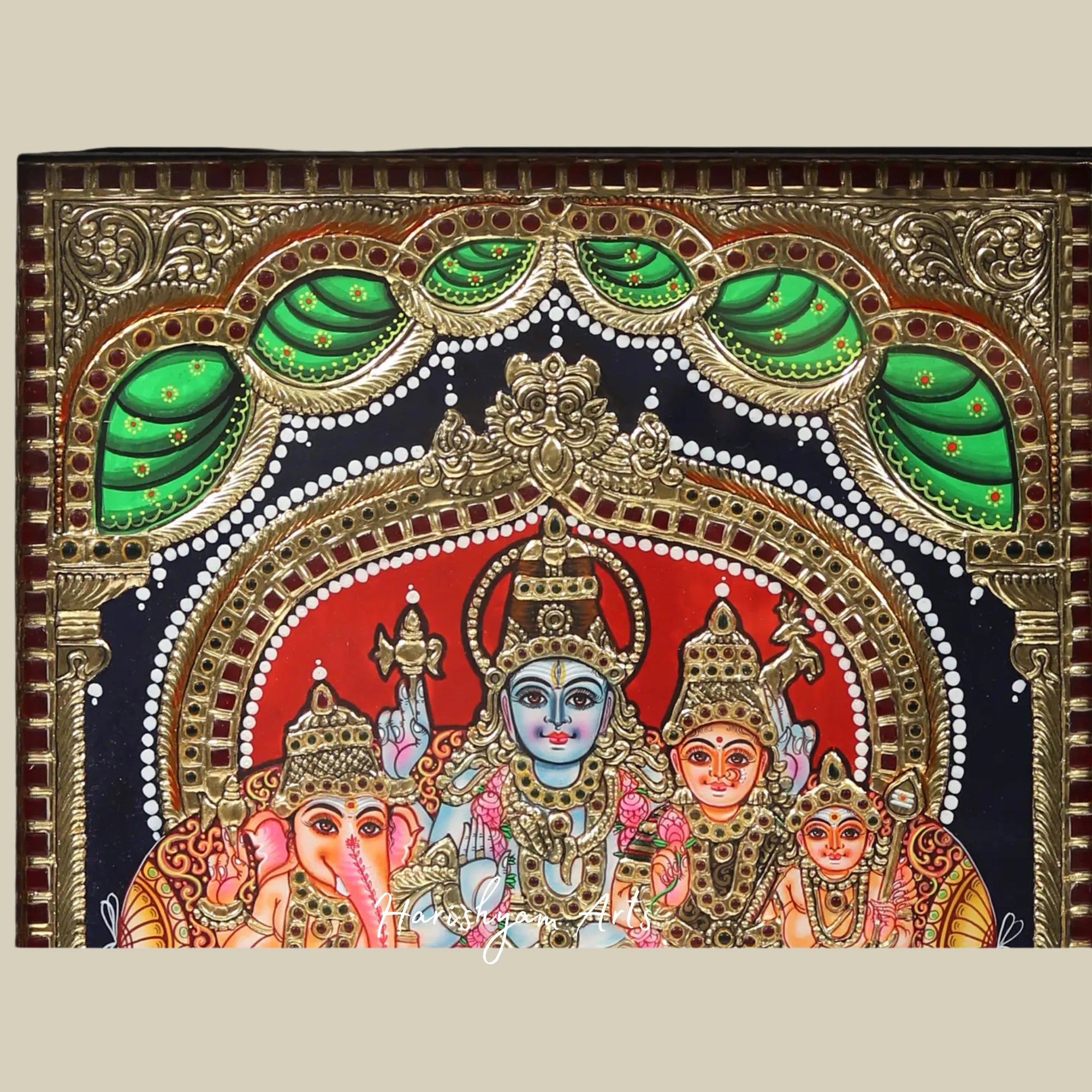 18" Lord Shiva Parivar Tanjore Painting with Frame and Traditional Gold Work