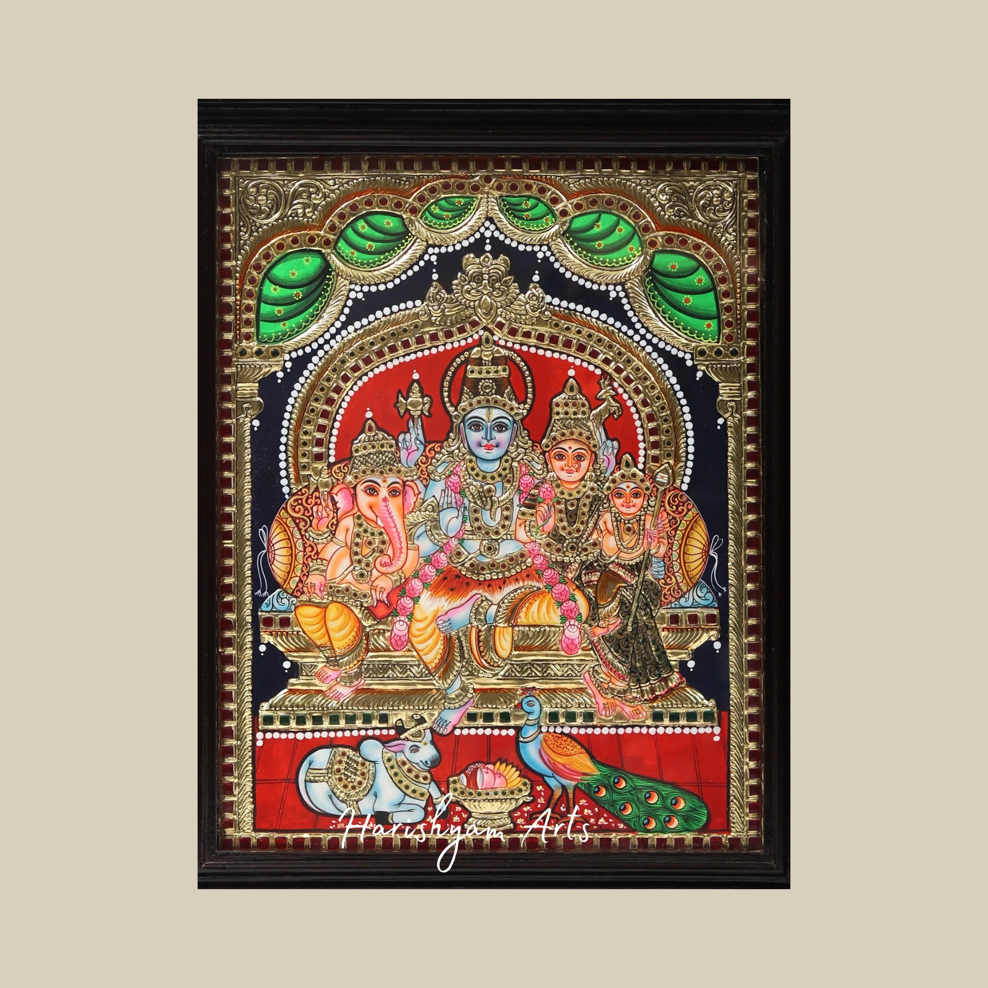 18" Lord Shiva Parivar Tanjore Painting with Frame and Traditional Gold Work