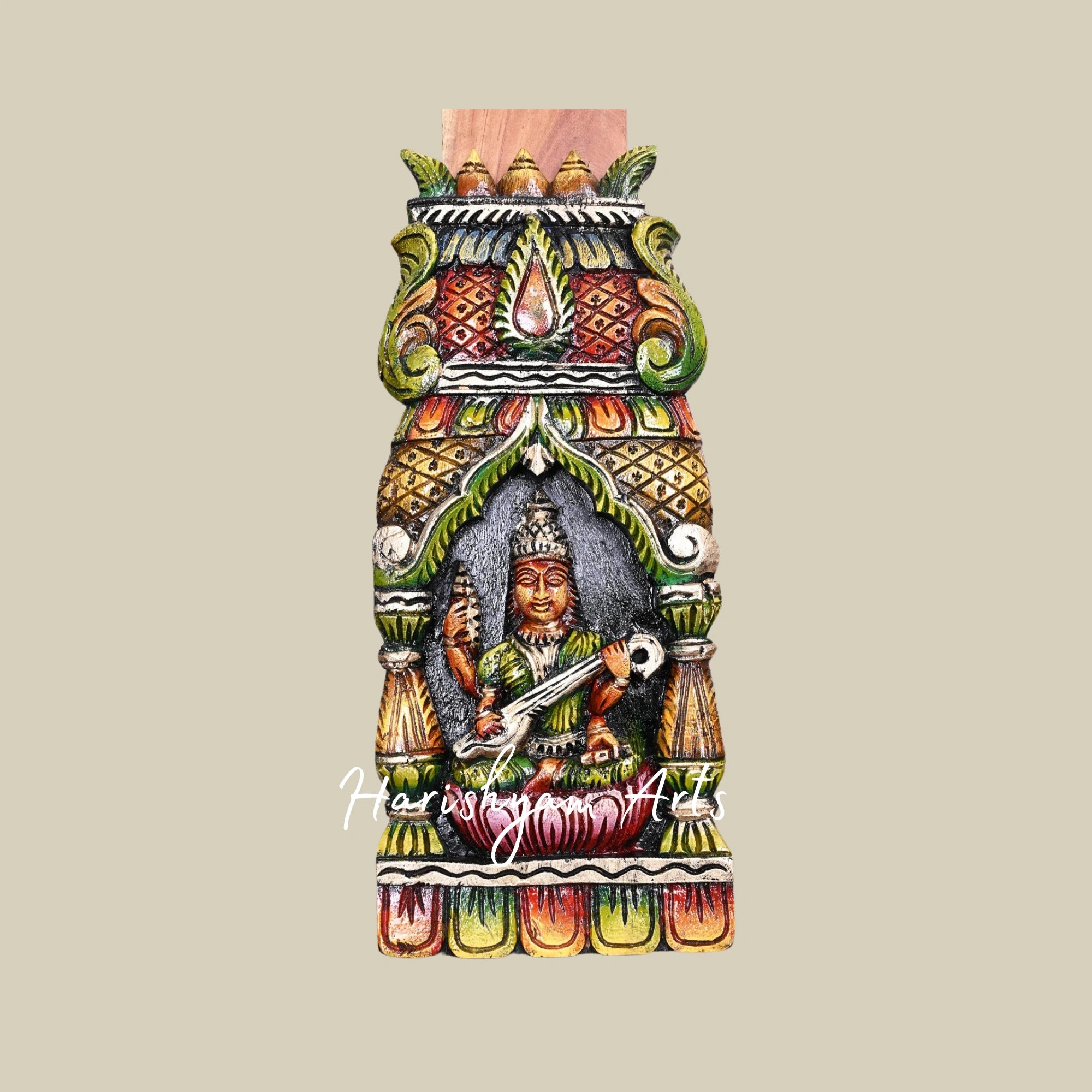 18" Multicoloured Wooden Goddess Saraswati Kavadi Holding Flower Garland and Sacred Books