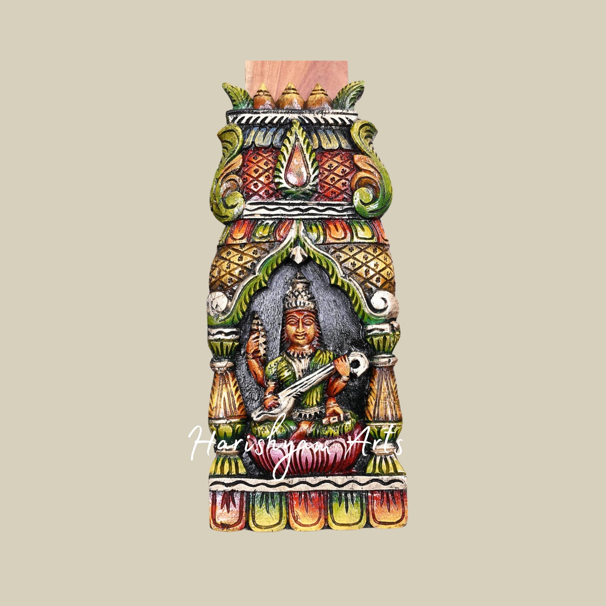 18" Multicoloured Wooden Goddess Saraswati Kavadi Holding Flower Garland and Sacred Books