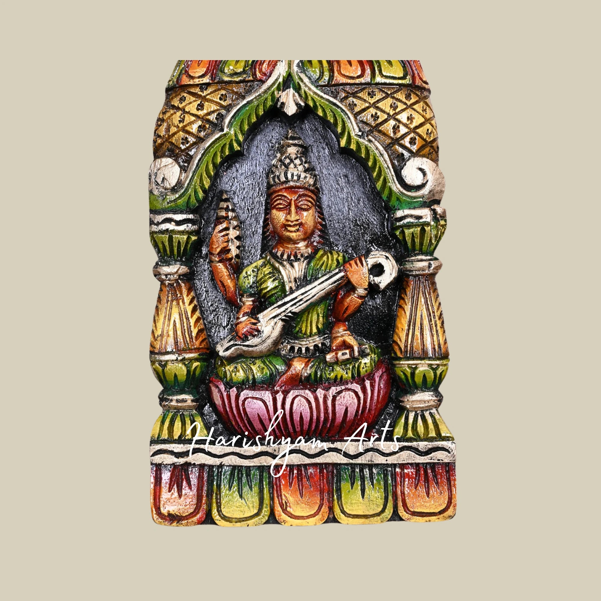 18" Multicoloured Wooden Goddess Saraswati Kavadi Holding Flower Garland and Sacred Books