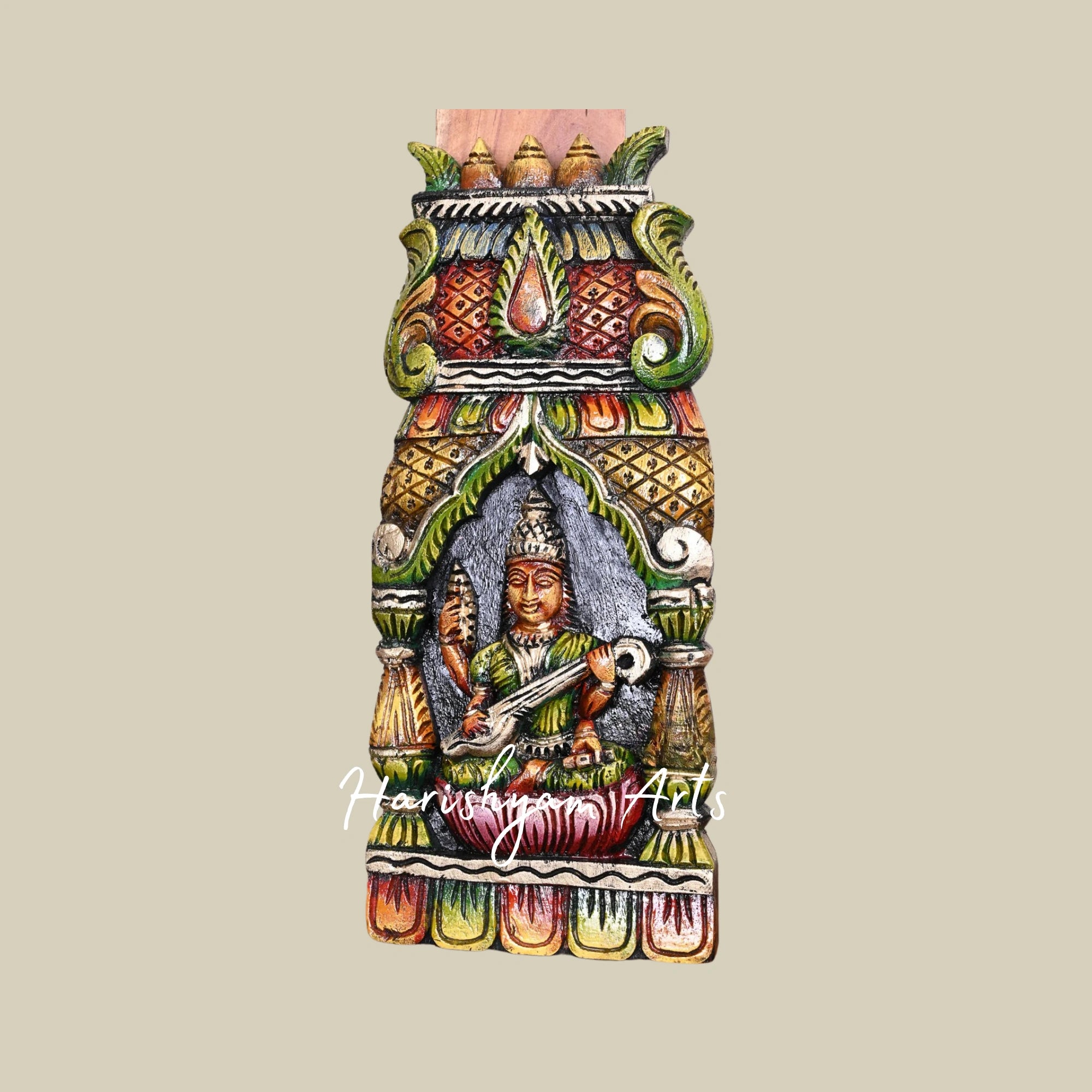 18" Multicoloured Wooden Goddess Saraswati Kavadi Holding Flower Garland and Sacred Books