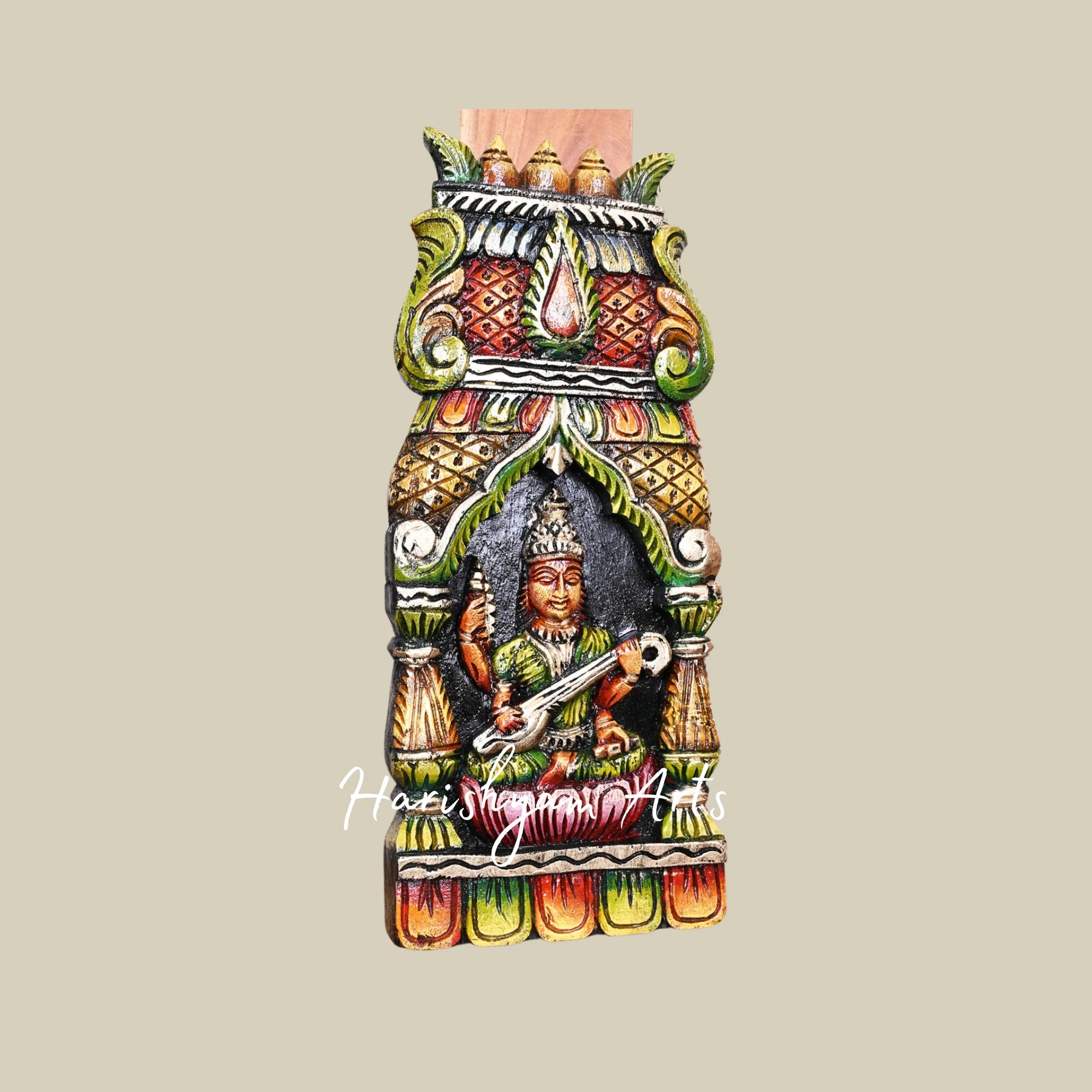 18" Multicoloured Wooden Goddess Saraswati Kavadi Holding Flower Garland and Sacred Books