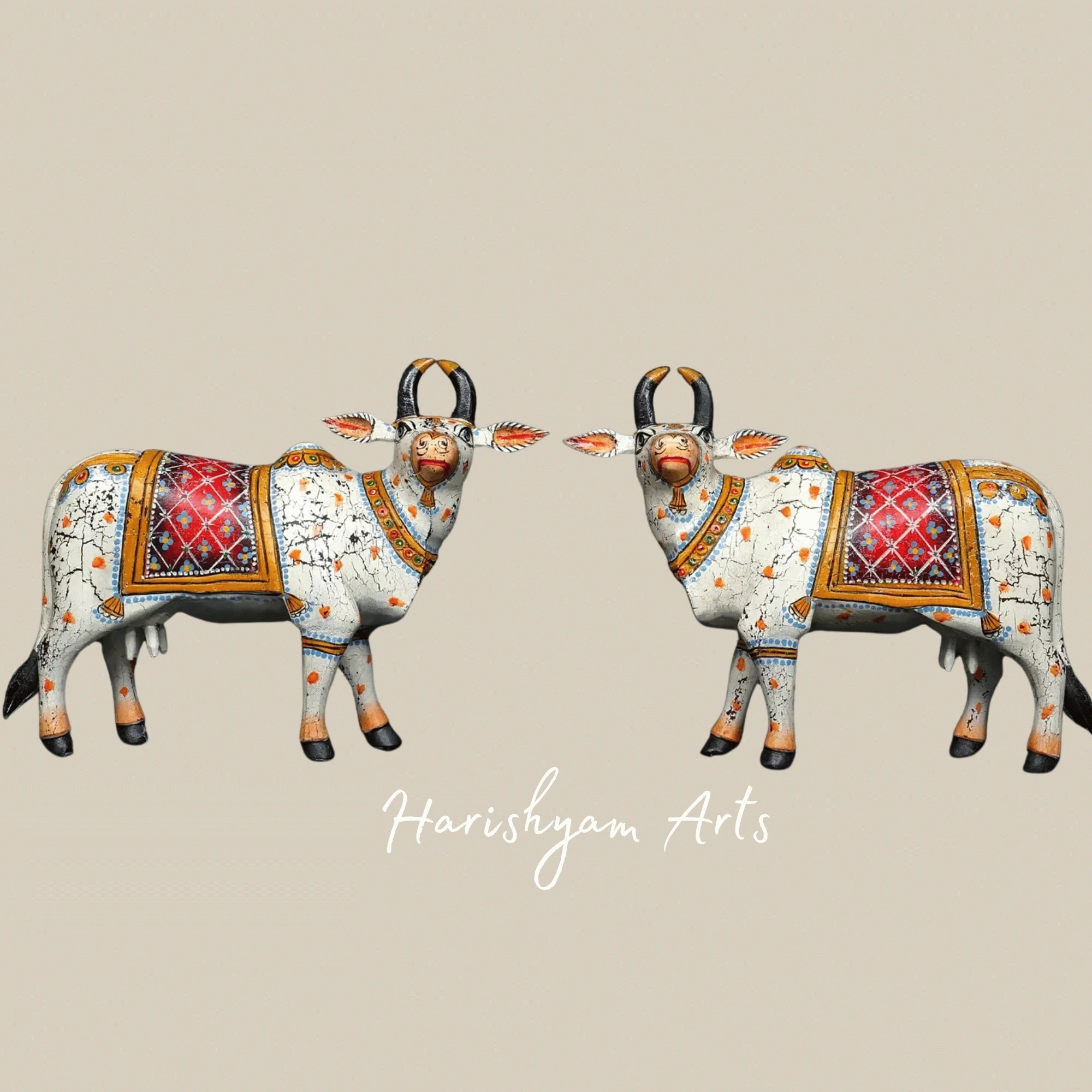18" Pair of Hand-Painted Wooden Cow Statues – Traditional Indian Wood Carving Art