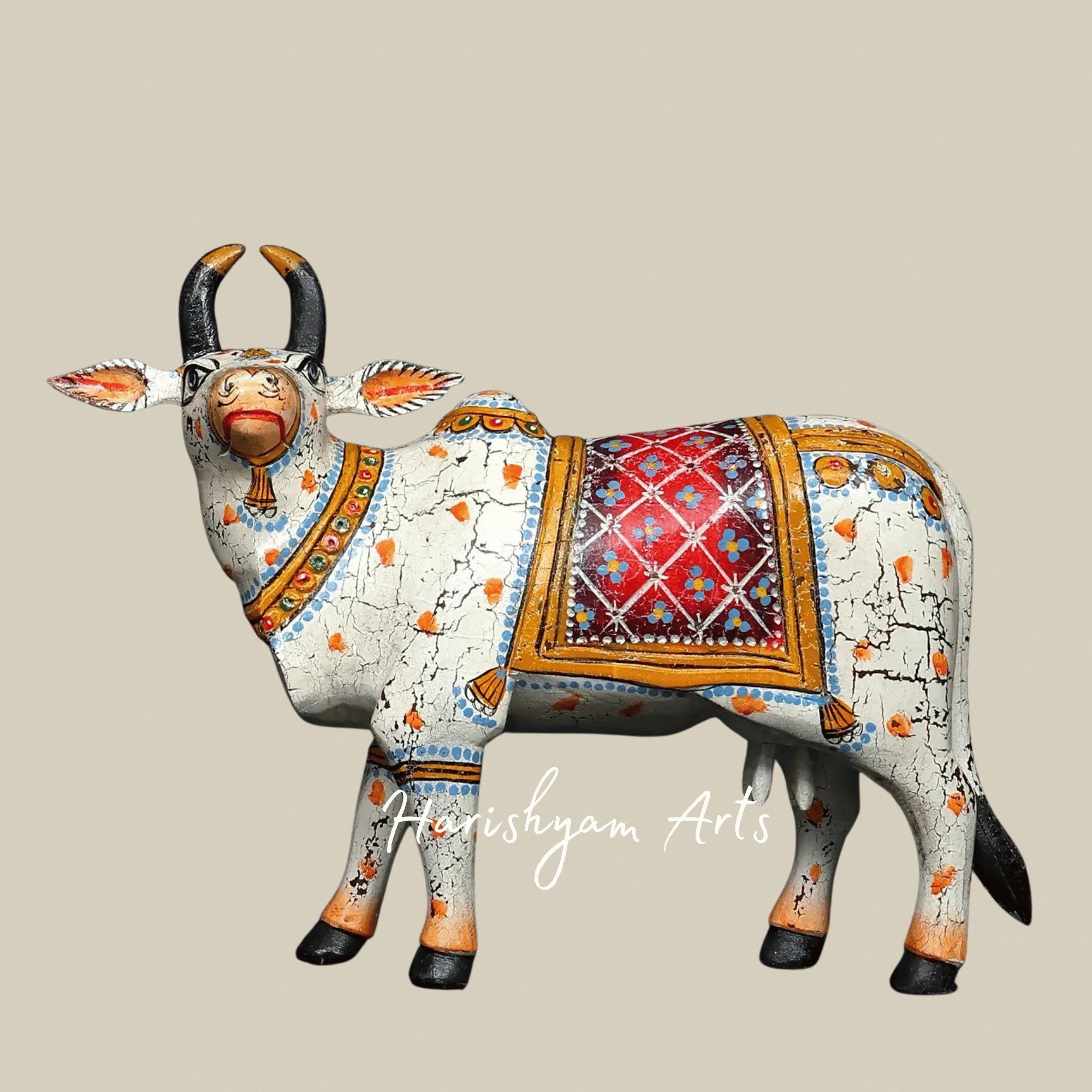 18" Pair of Hand-Painted Wooden Cow Statues – Traditional Indian Wood Carving Art
