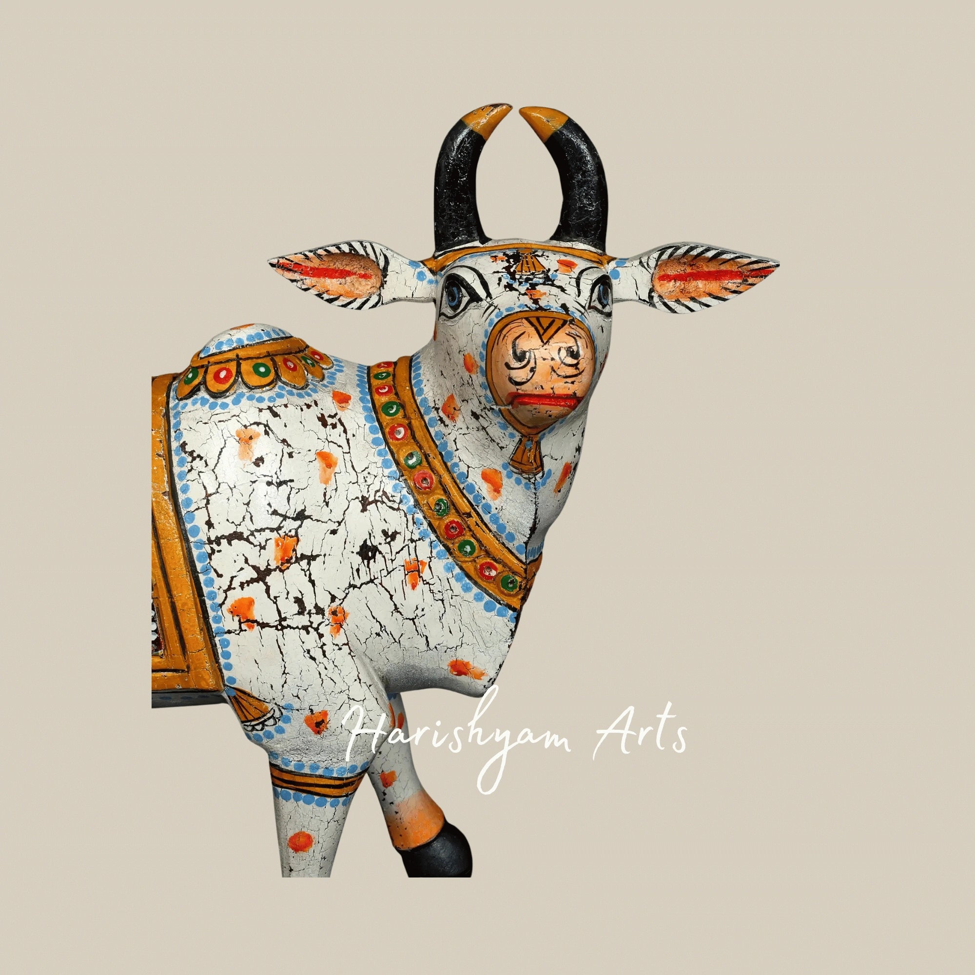 18" Pair of Hand-Painted Wooden Cow Statues – Traditional Indian Wood Carving Art