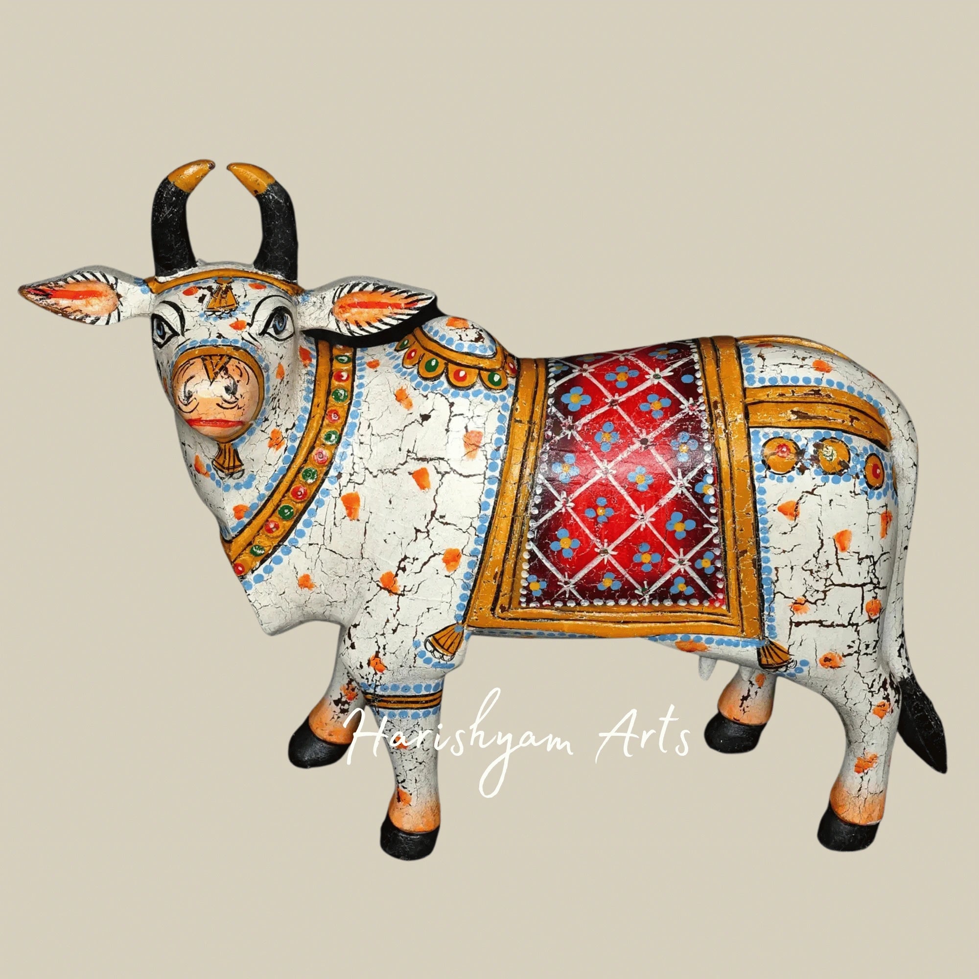 18" Pair of Hand-Painted Wooden Cow Statues – Traditional Indian Wood Carving Art