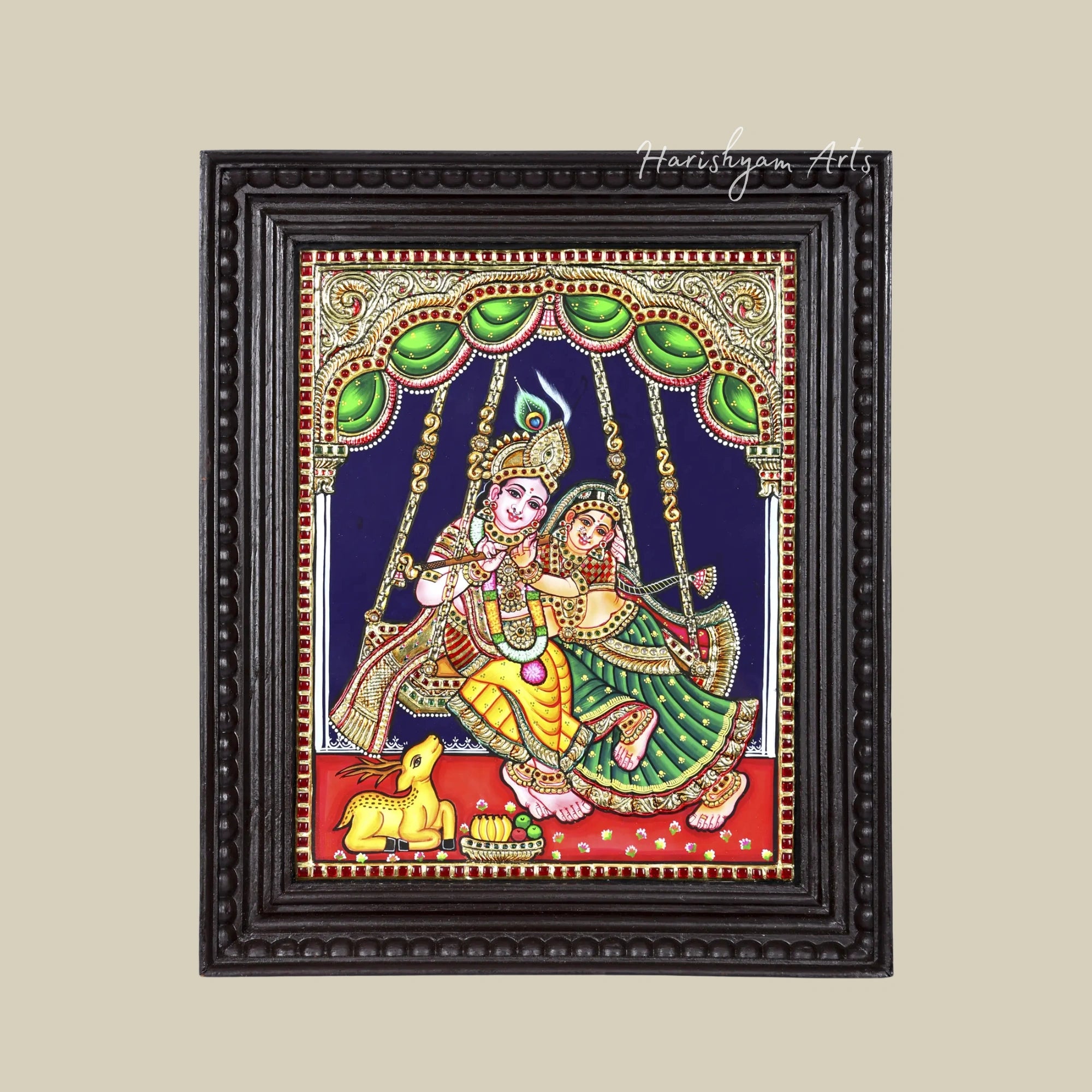 18" Radha Krishna on Swing Tanjore Painting with Frame