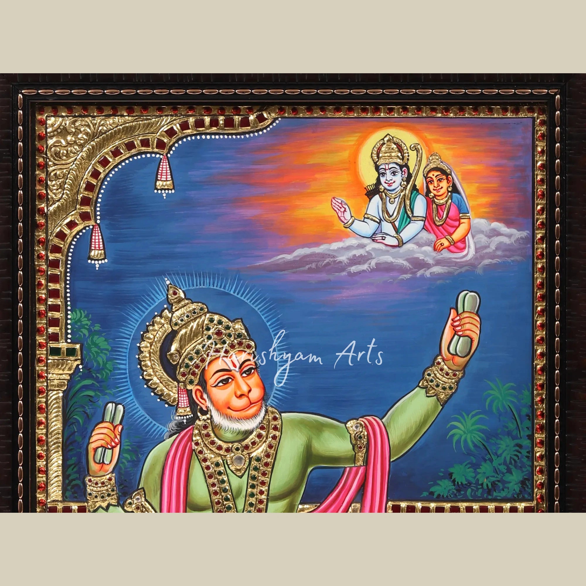 18" Ram Bhakt Hanuman Tanjore Painting with Premium Frame