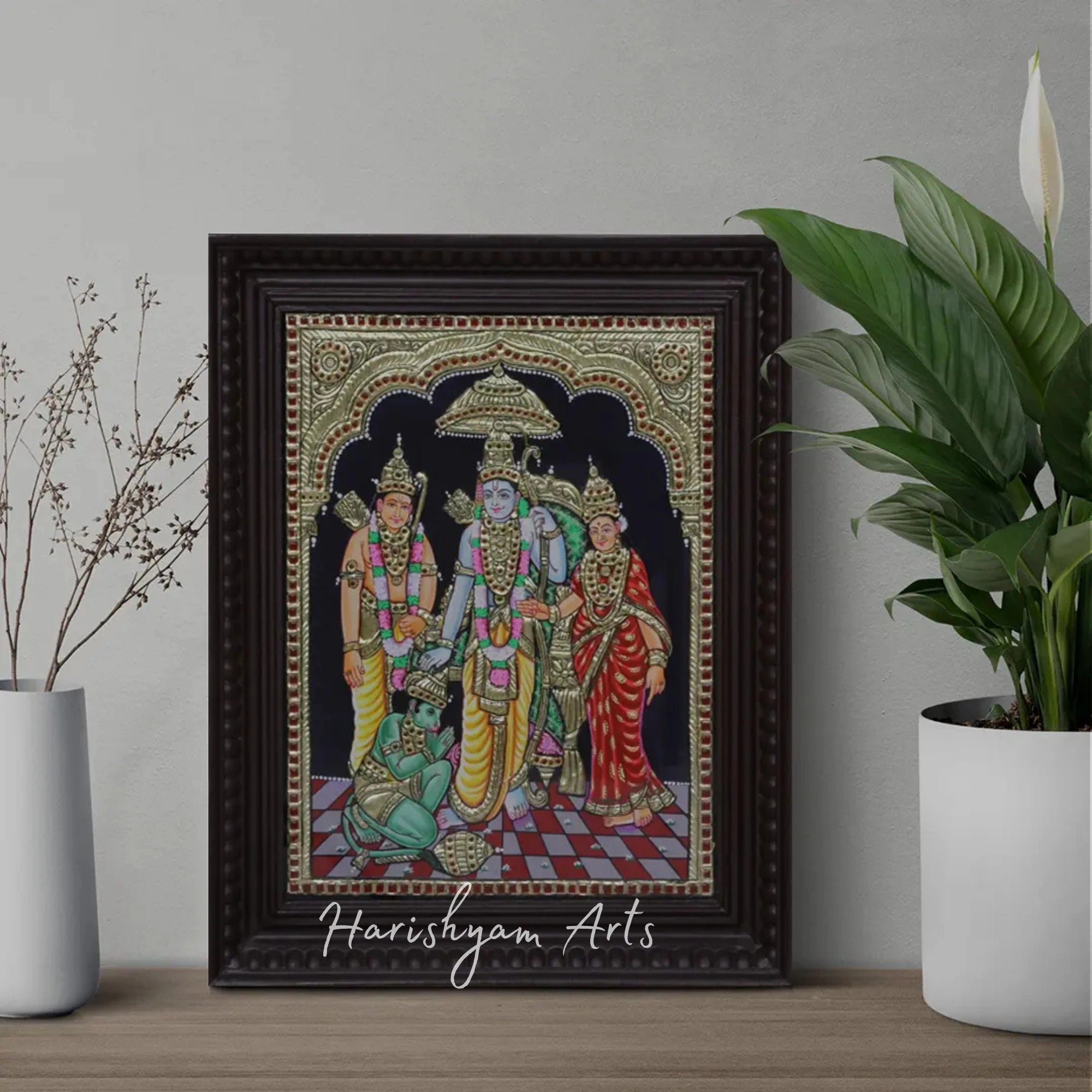 18" Ram, Sita, and Laxman with Devoted Hanuman Tanjore Painting