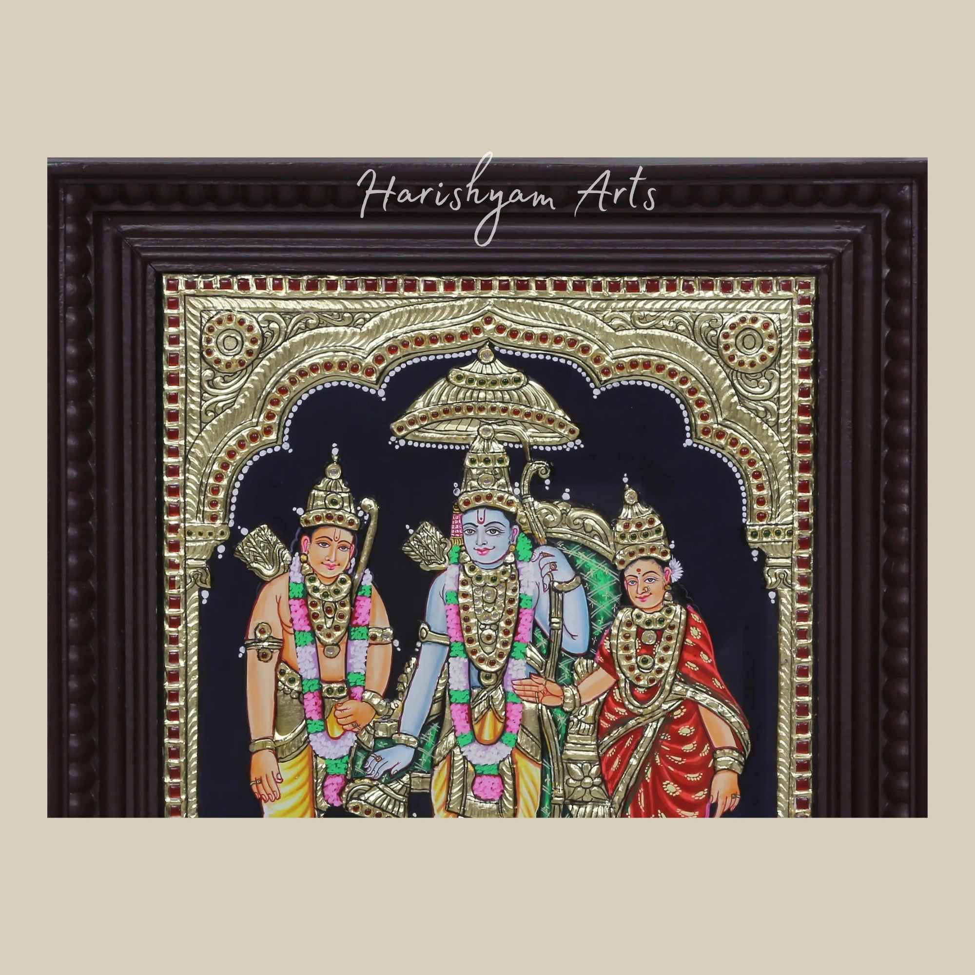 18" Ram, Sita, and Laxman with Devoted Hanuman Tanjore Painting4