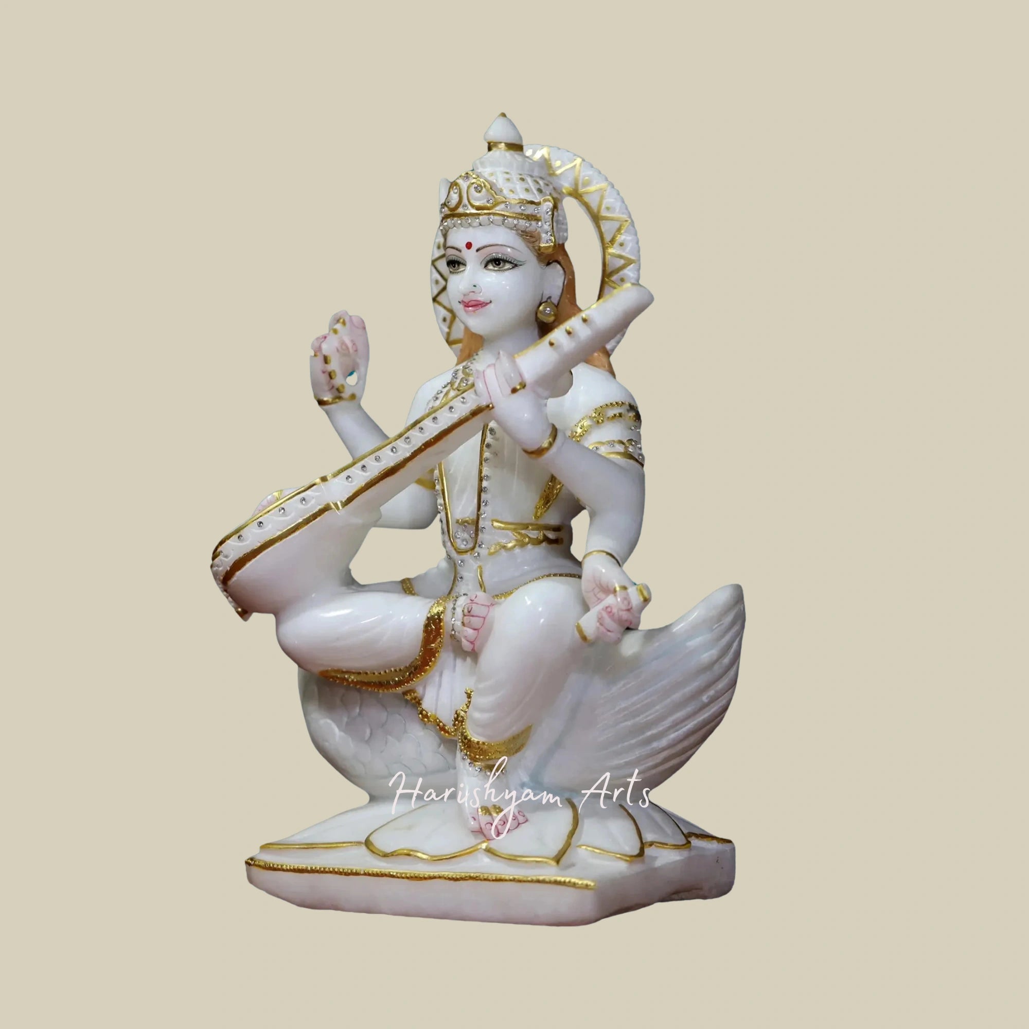 18" Sacred Sculpture of Goddess Saraswati in Super White Makrana Marble