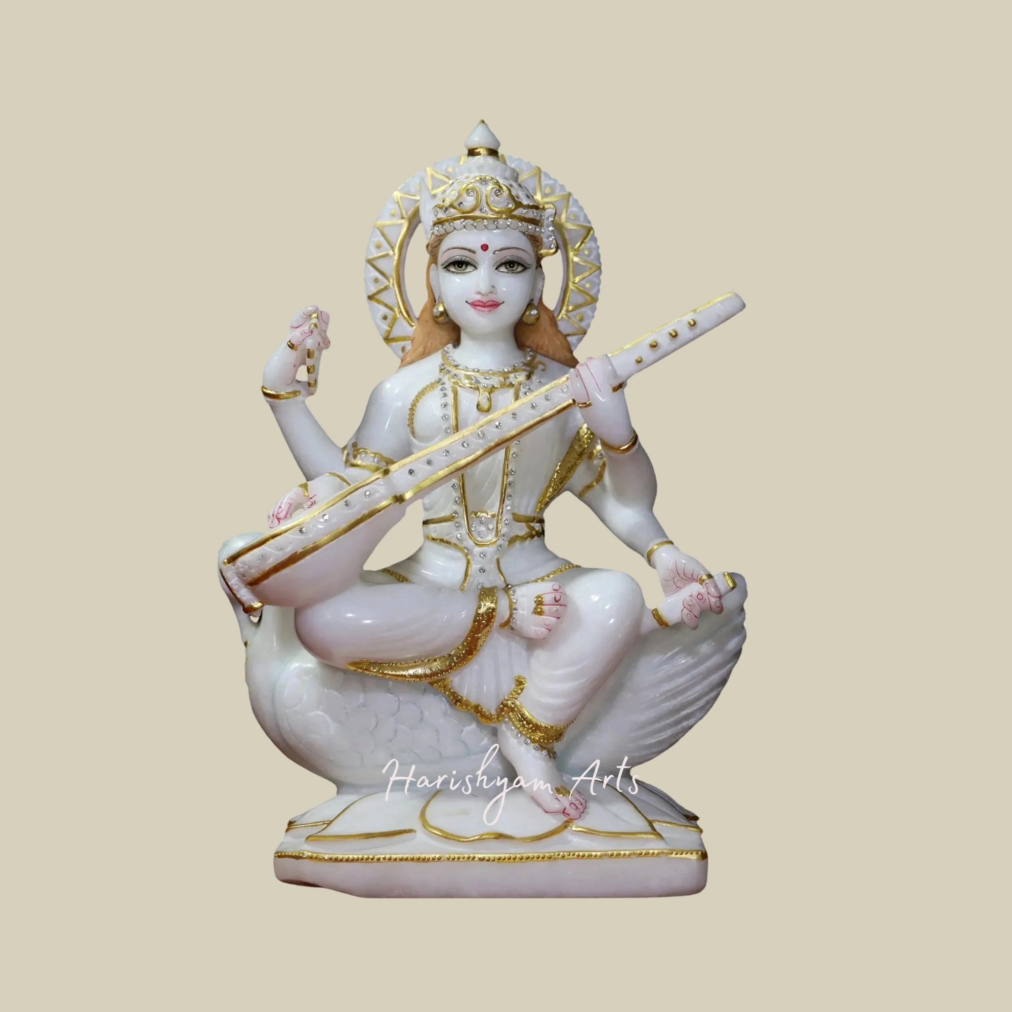 18" Sacred Sculpture of Goddess Saraswati in Super White Makrana Marble1