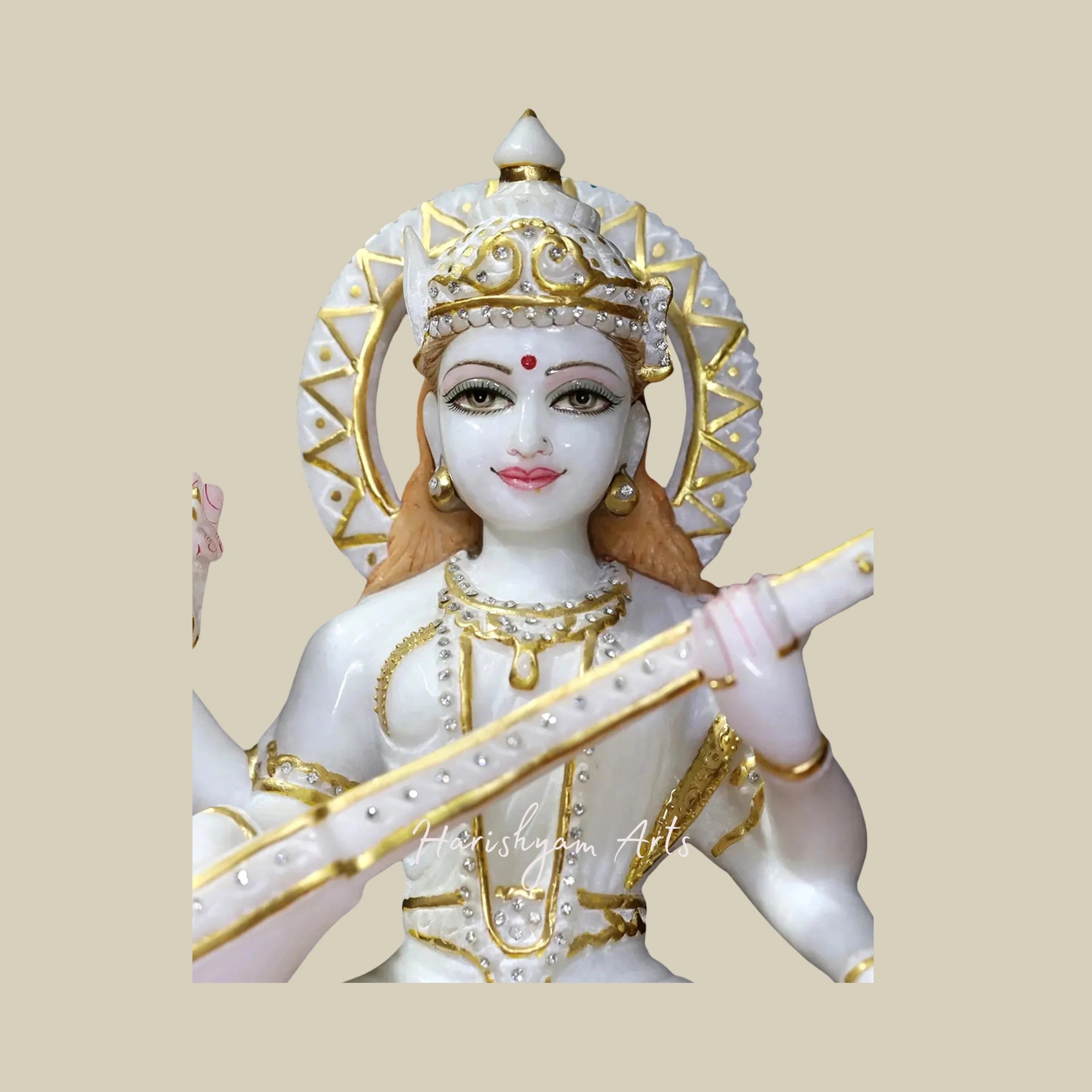 18" Sacred Sculpture of Goddess Saraswati in Super White Makrana Marble3