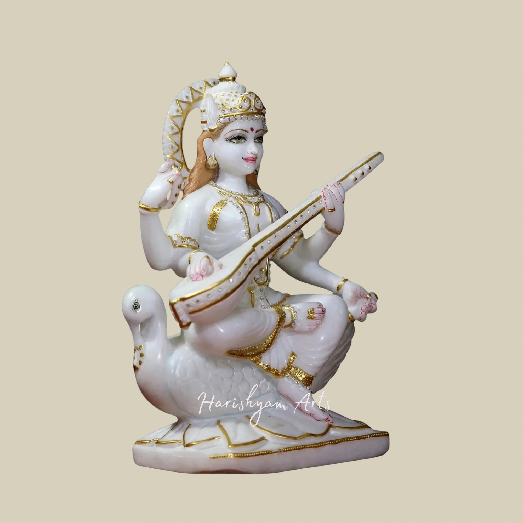 18" Sacred Sculpture of Goddess Saraswati in Super White Makrana Marble4